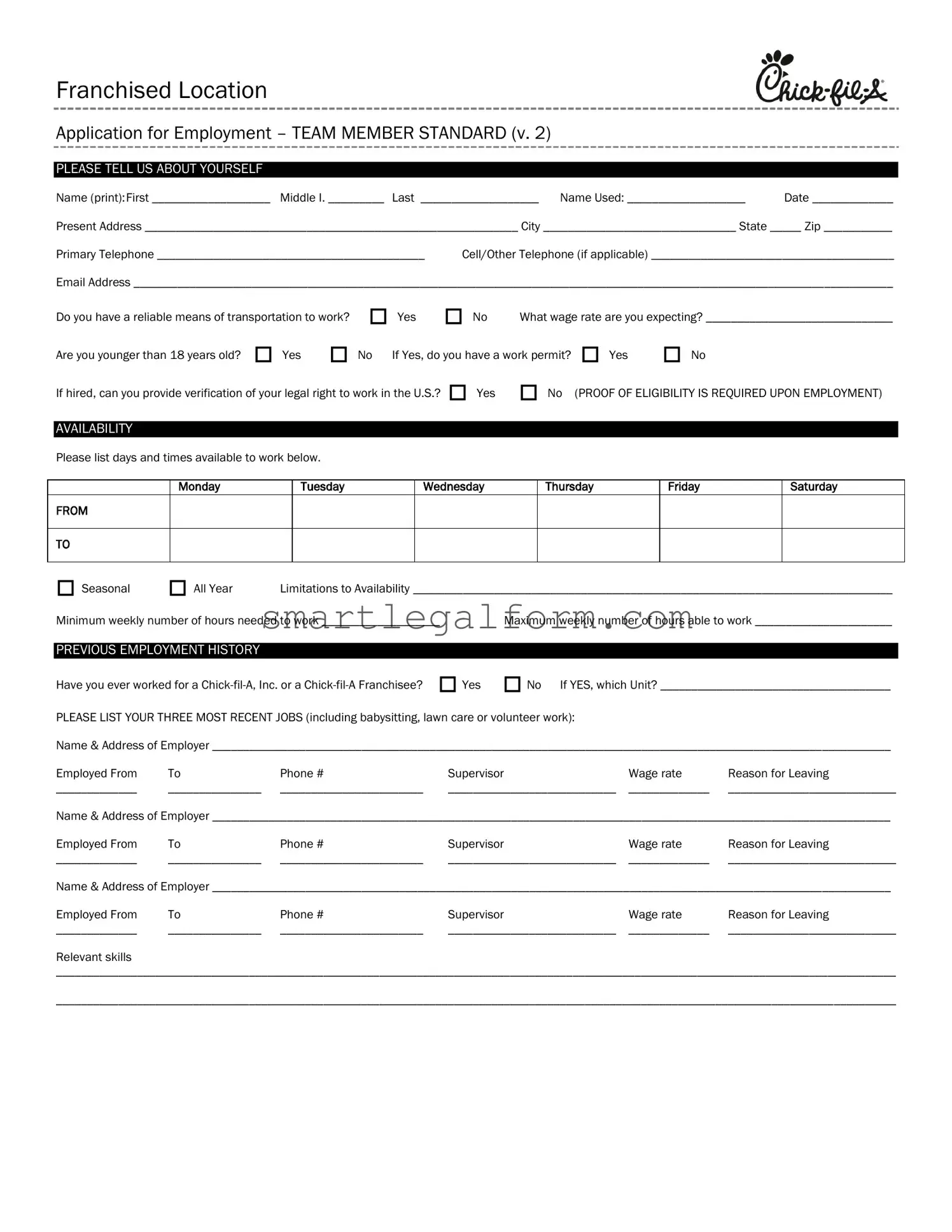 Free Chick Fil A Job Application Form