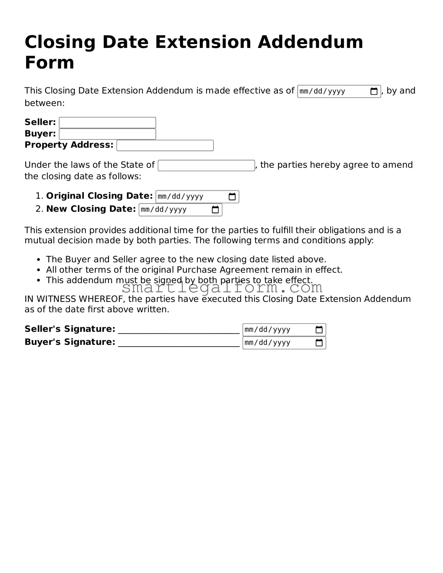 Attorney-Approved Closing Date Extension Addendum Form Form