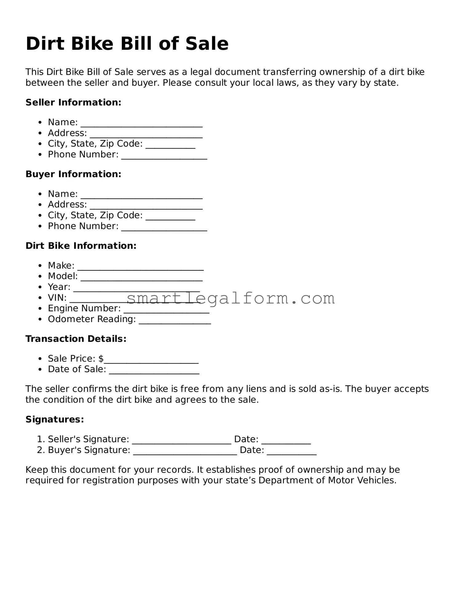 Attorney-Approved Dirt Bike Bill of Sale Form