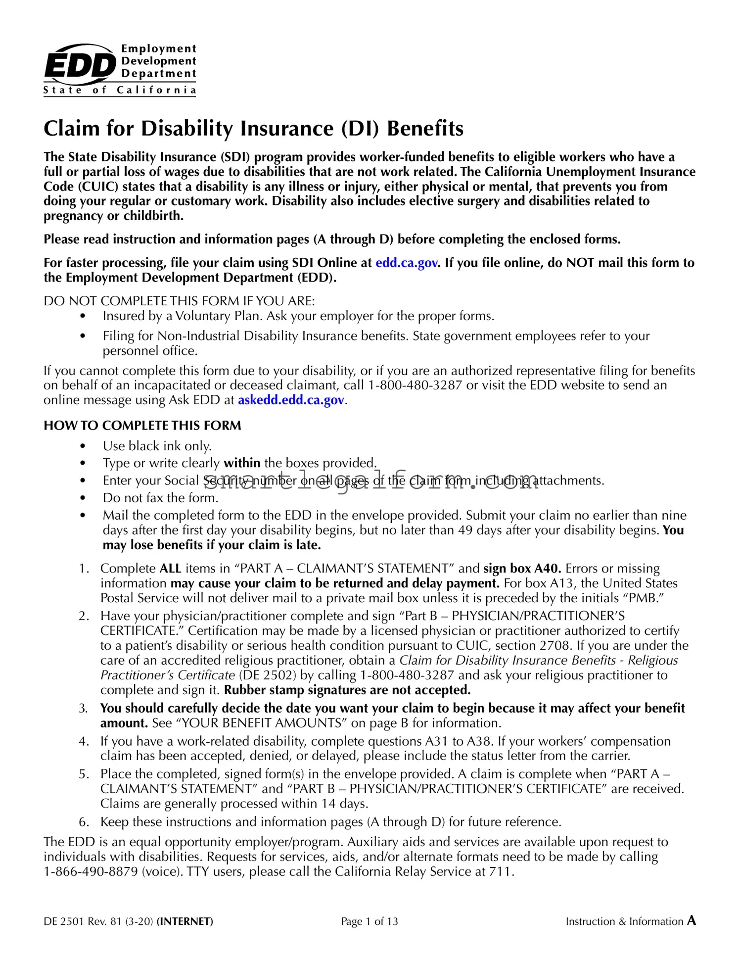 Free EDD DE 2501 Form