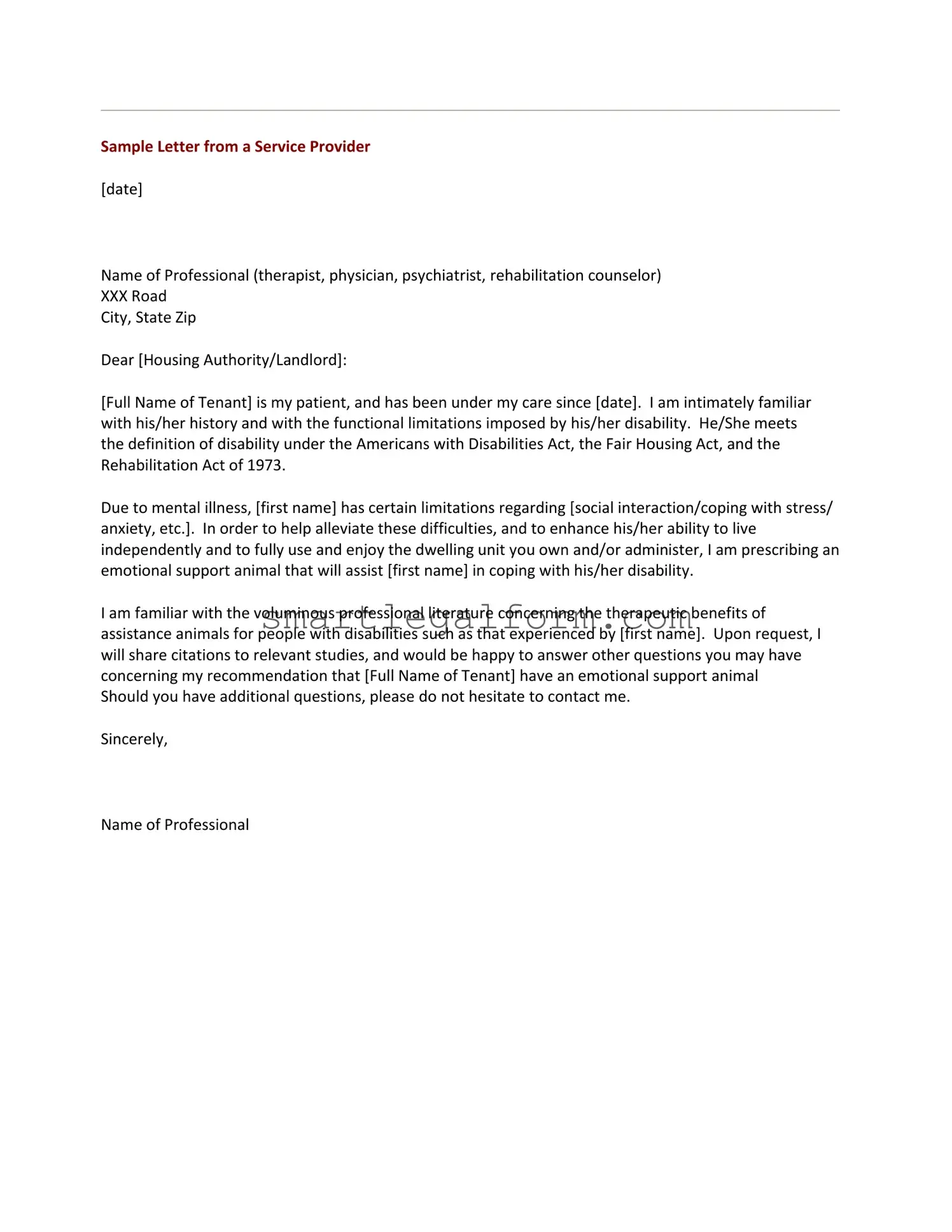 Free Emotional Support Animal Letter Form