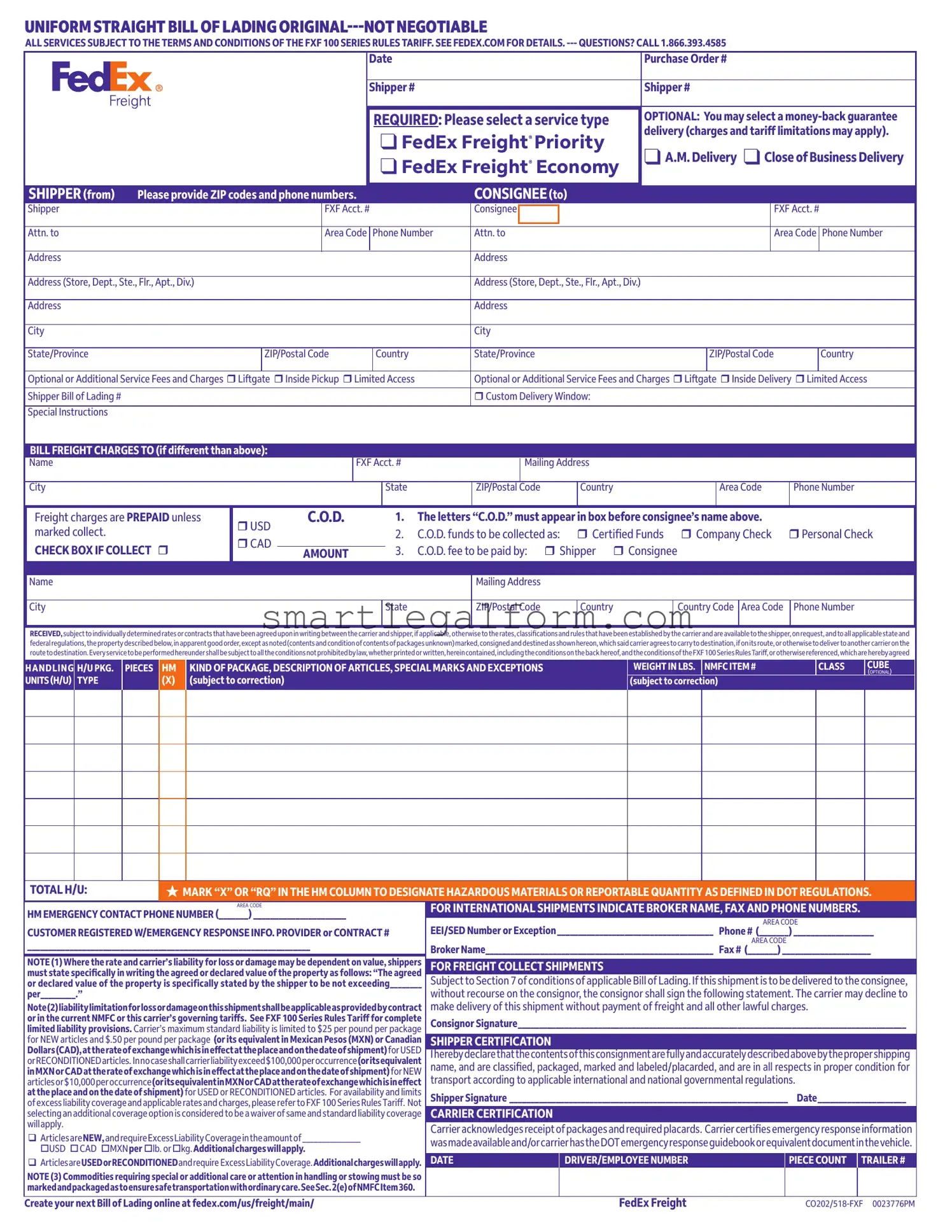 Free Fedex Bill Of Lading Form
