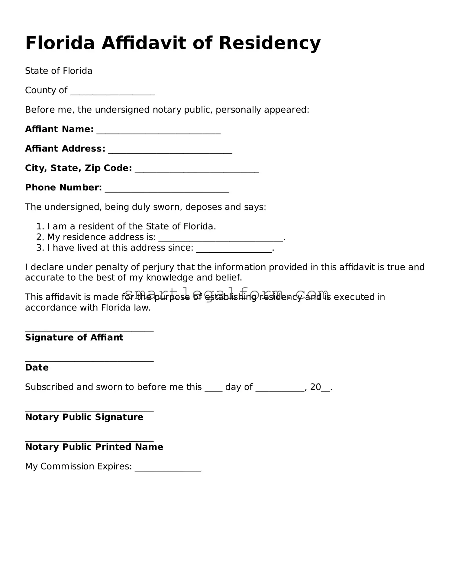 Printable Florida Affidavit of Residency Document