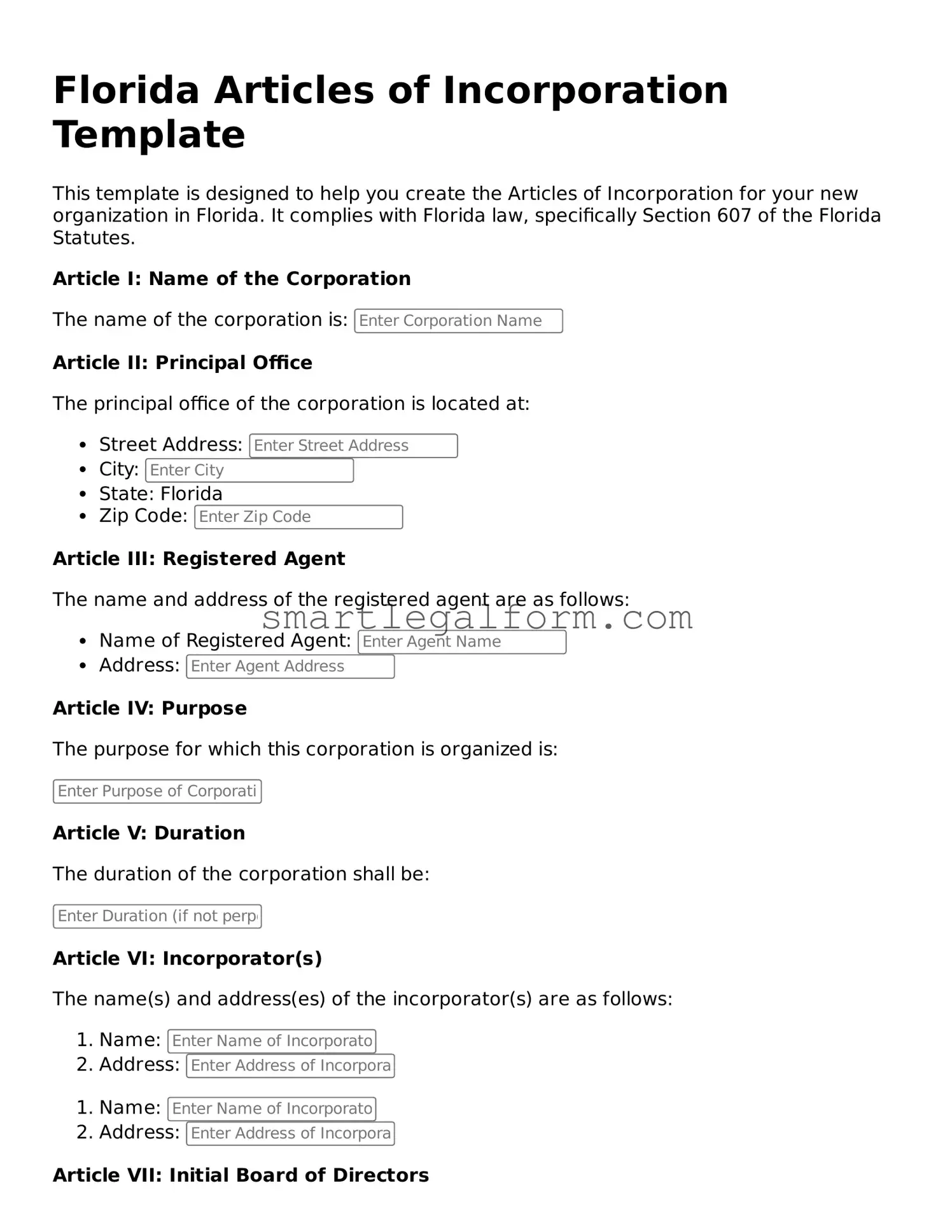 Printable Florida Articles of Incorporation Document