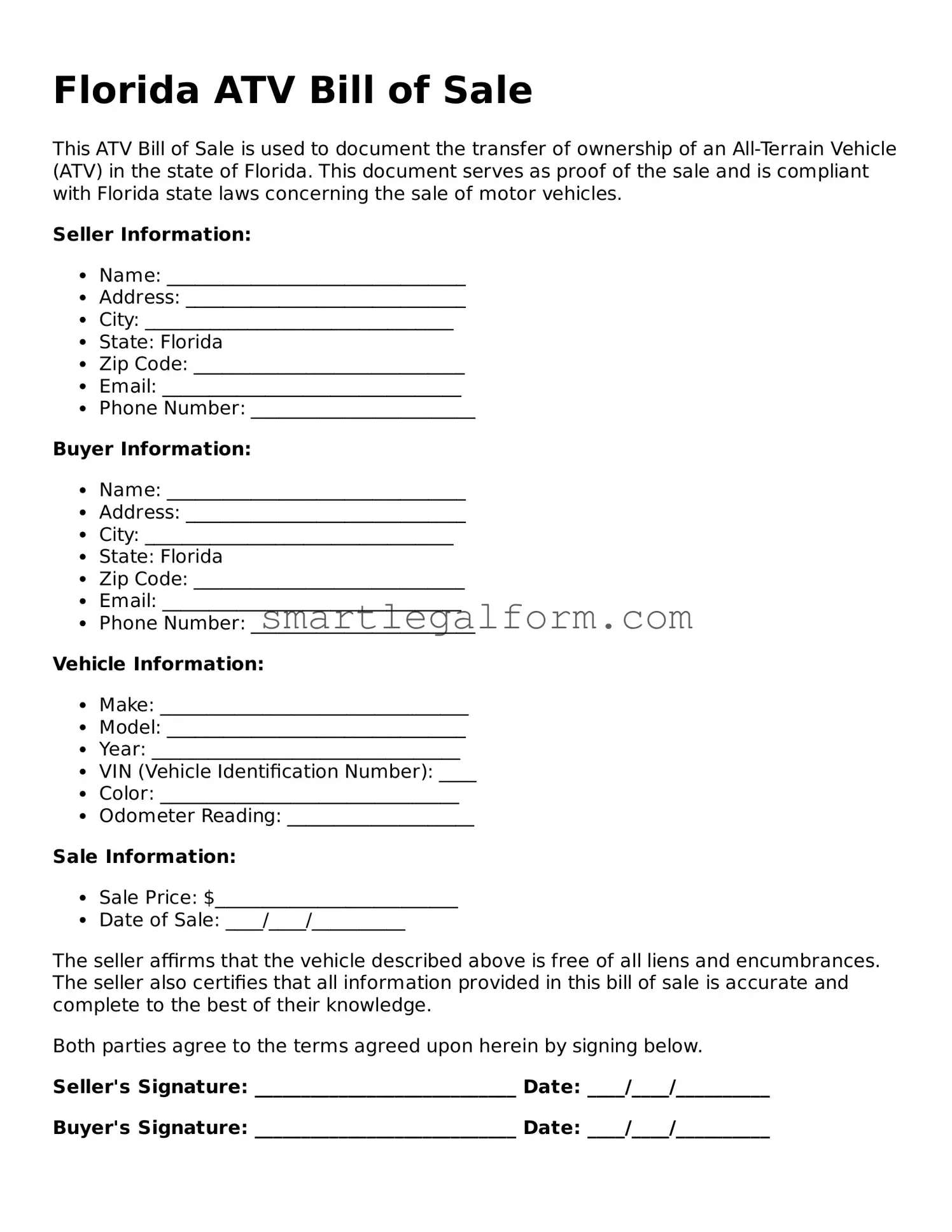 Printable Florida ATV Bill of Sale Document