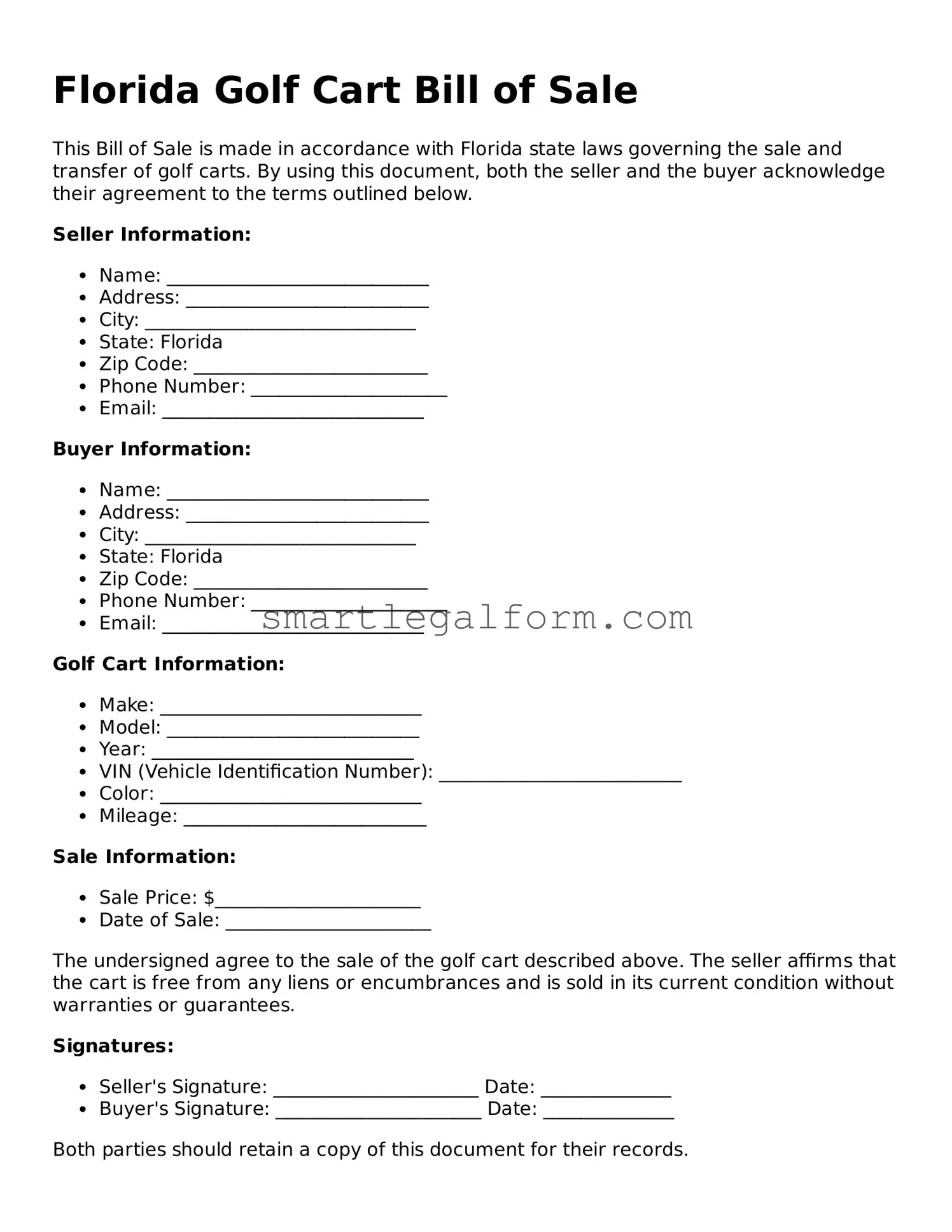 Printable Florida Golf Cart Bill of Sale Document