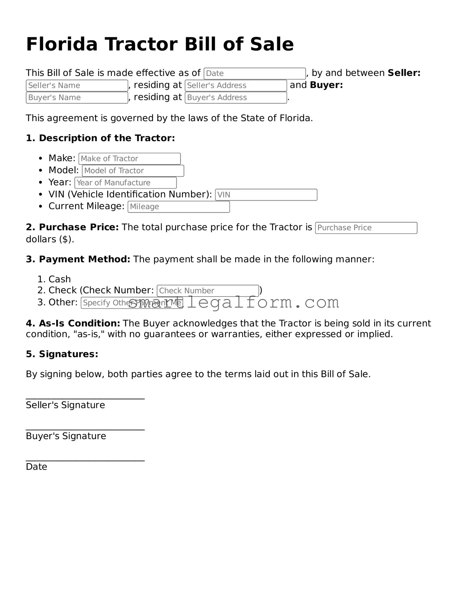 Printable Florida Tractor Bill of Sale Document