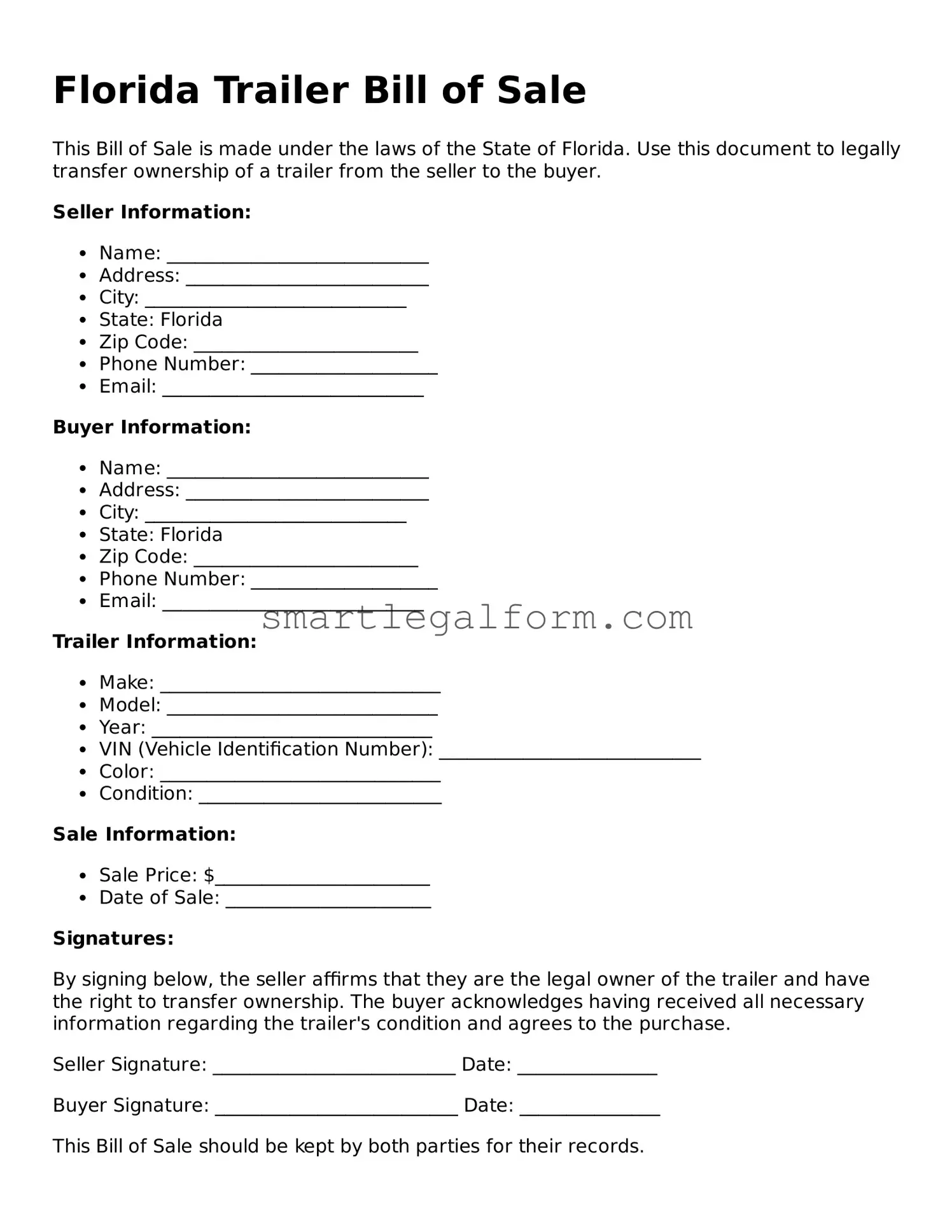 Printable Florida Trailer Bill of Sale Document