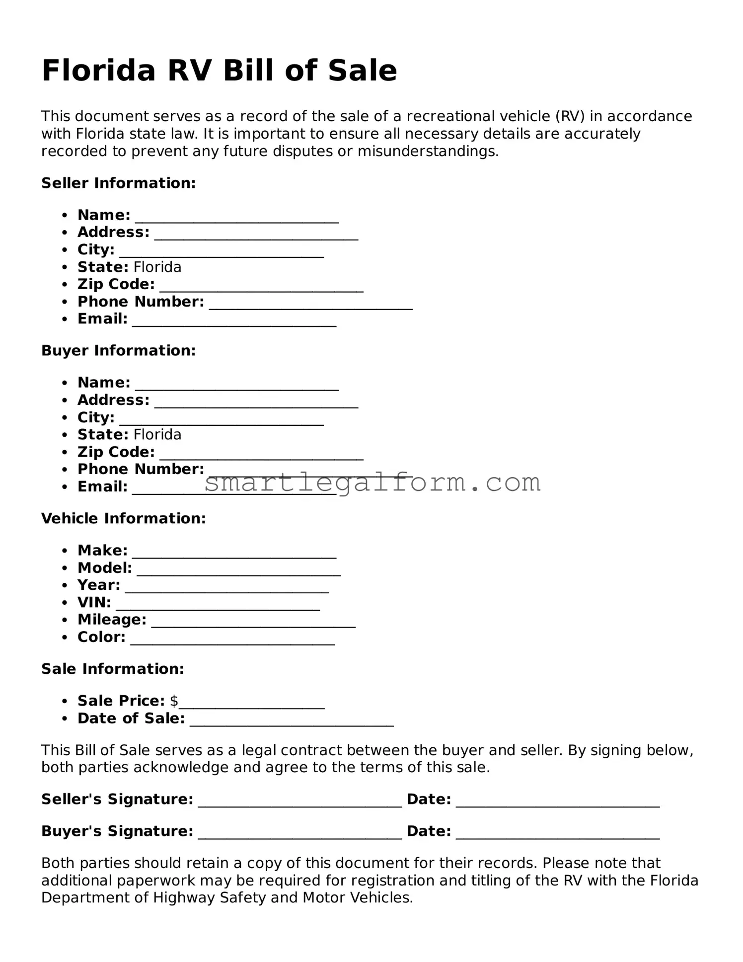 Printable Florida RV Bill of Sale Document