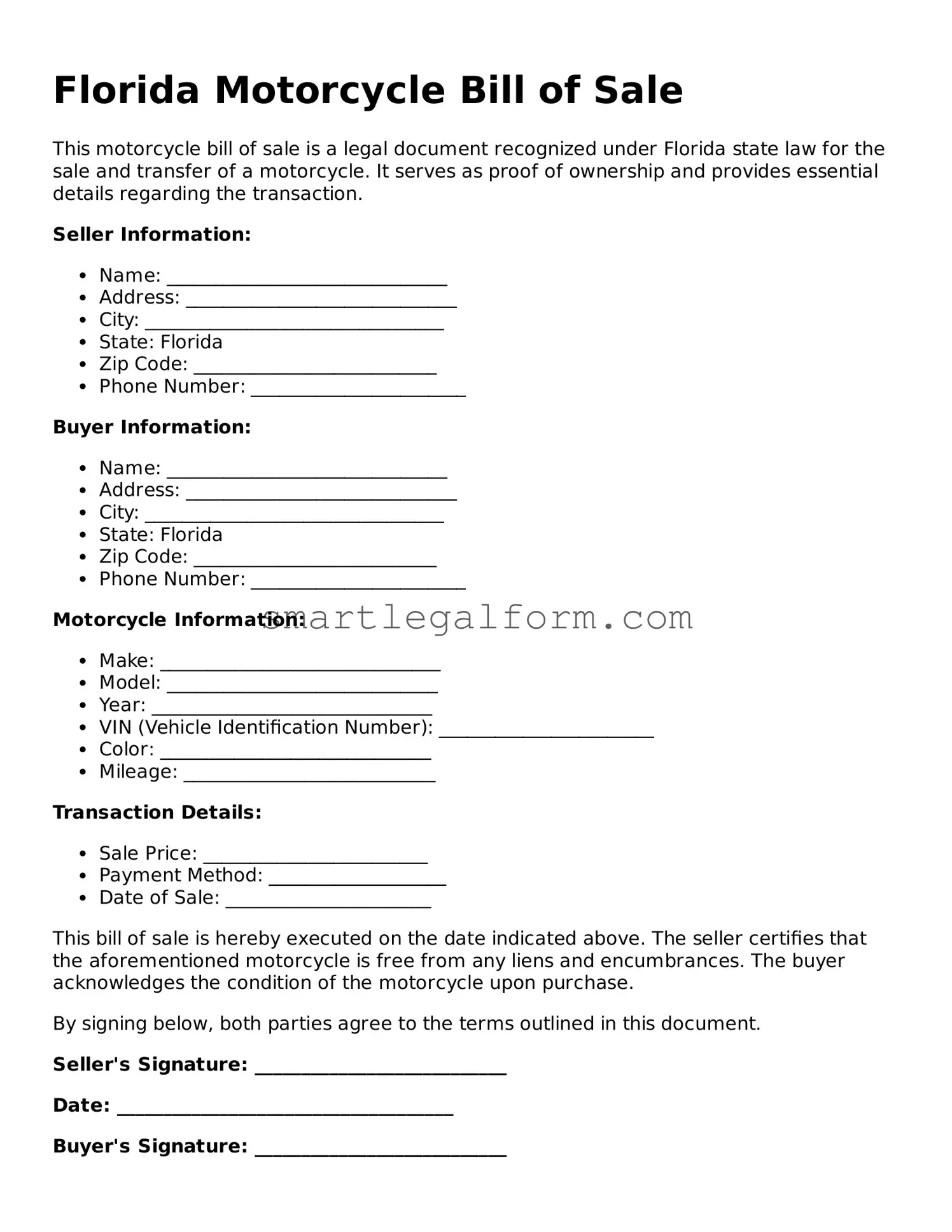 Printable Florida Motorcycle Bill of Sale Document