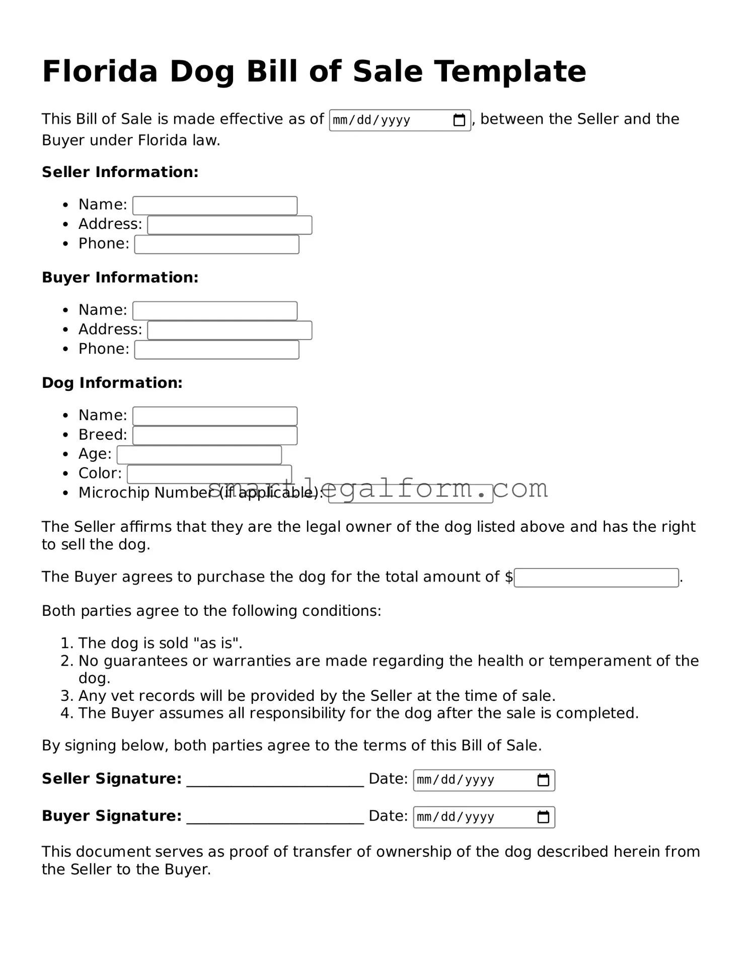 Printable Florida Dog Bill of Sale Document