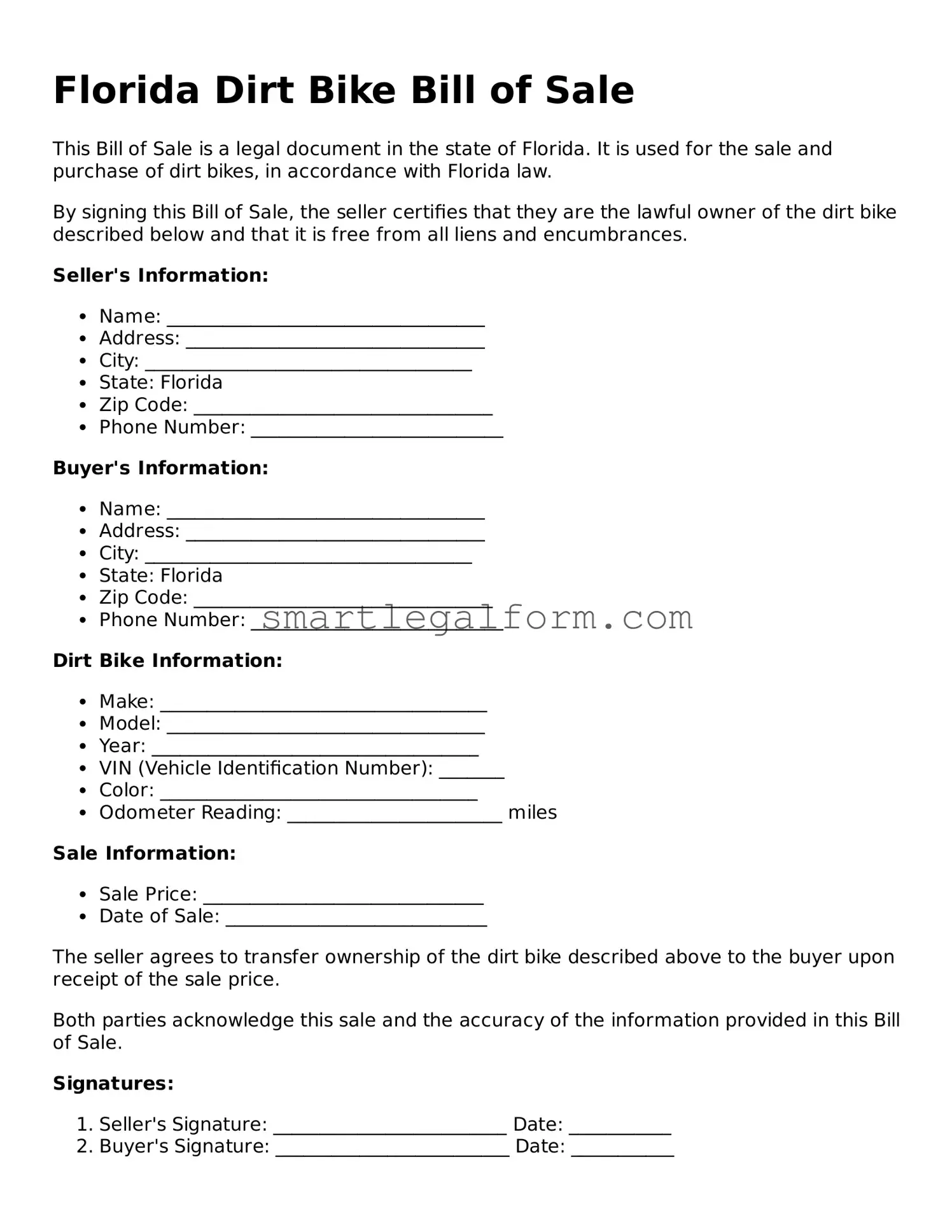 Printable Florida Dirt Bike Bill of Sale Document