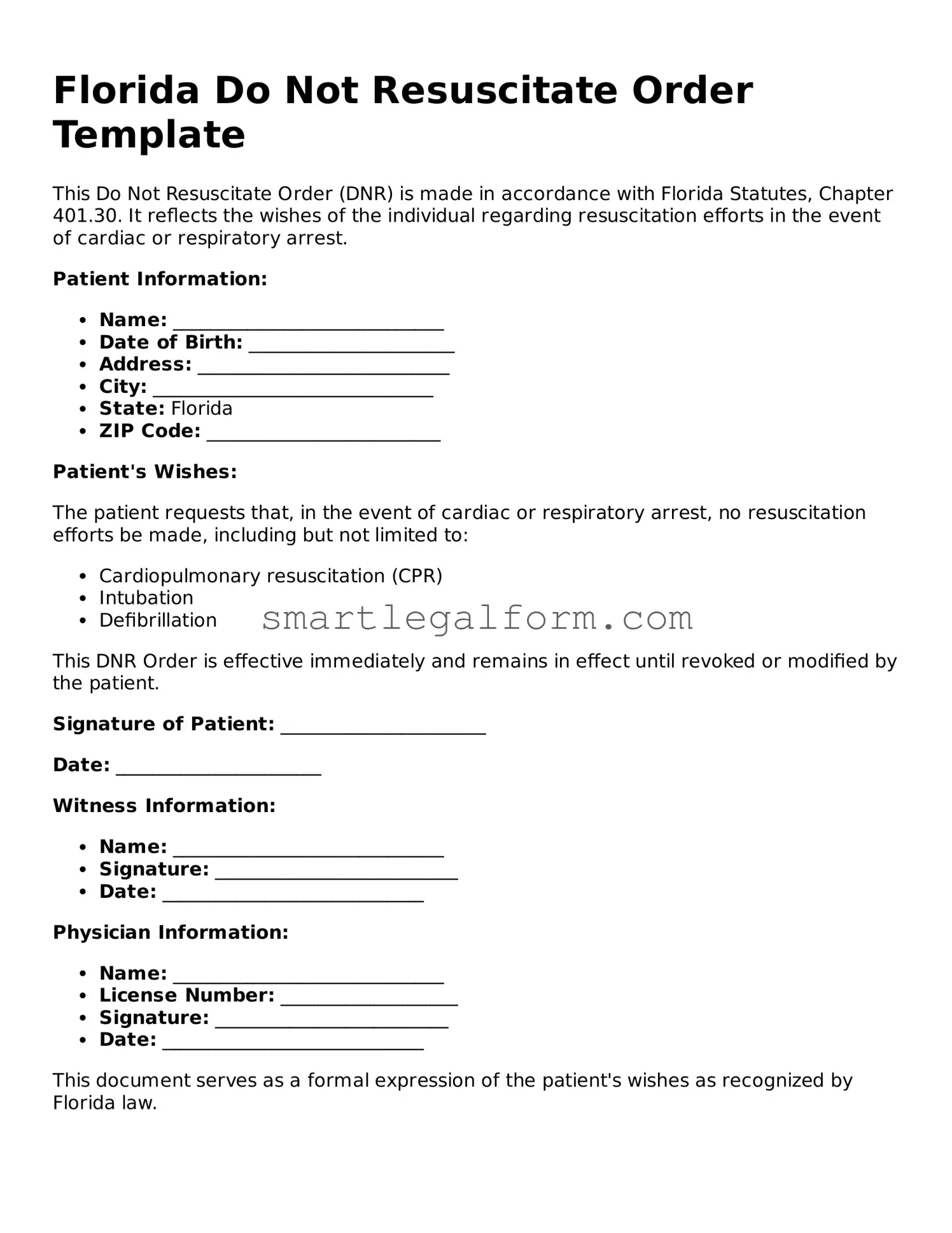 Printable Florida Do Not Resuscitate Order Document
