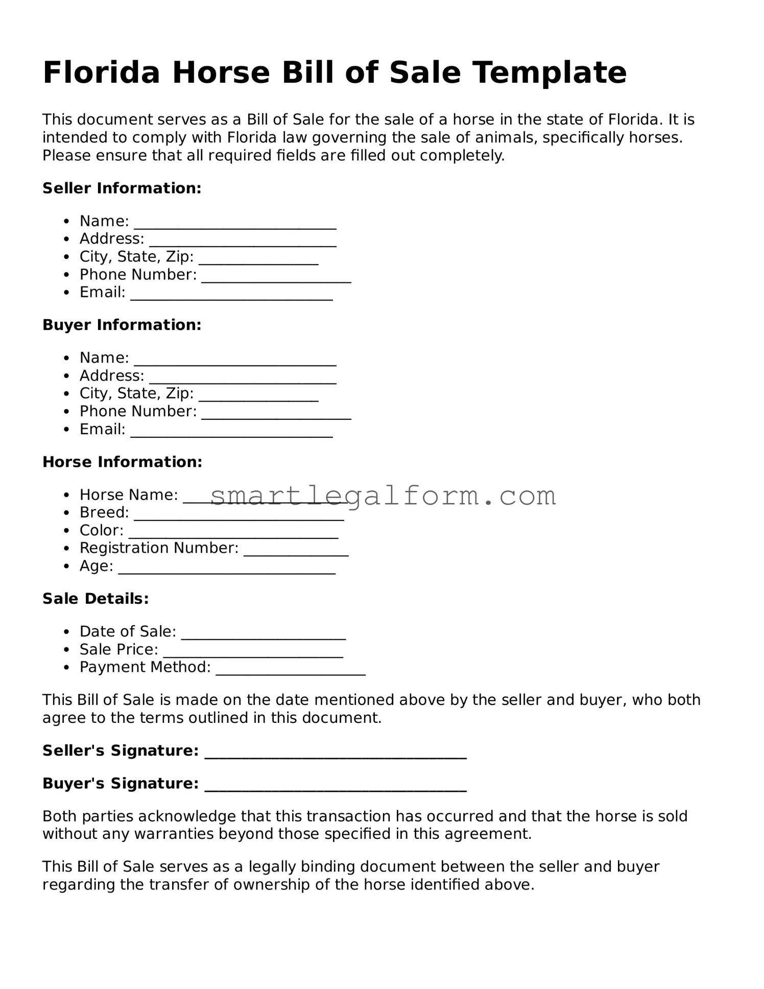 Printable Florida Horse Bill of Sale Document