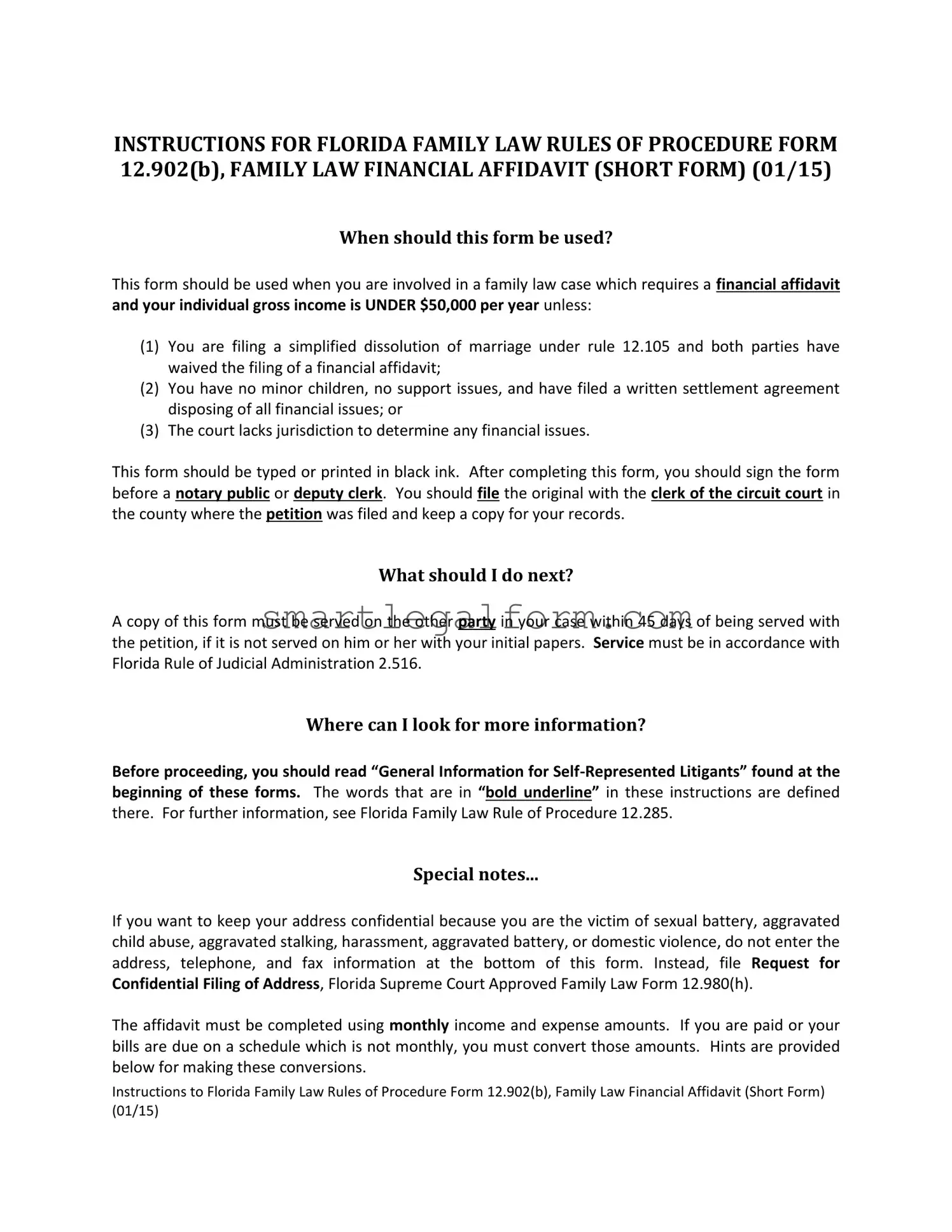 Free Florida Financial Affidavit Short 12.902(b) Form