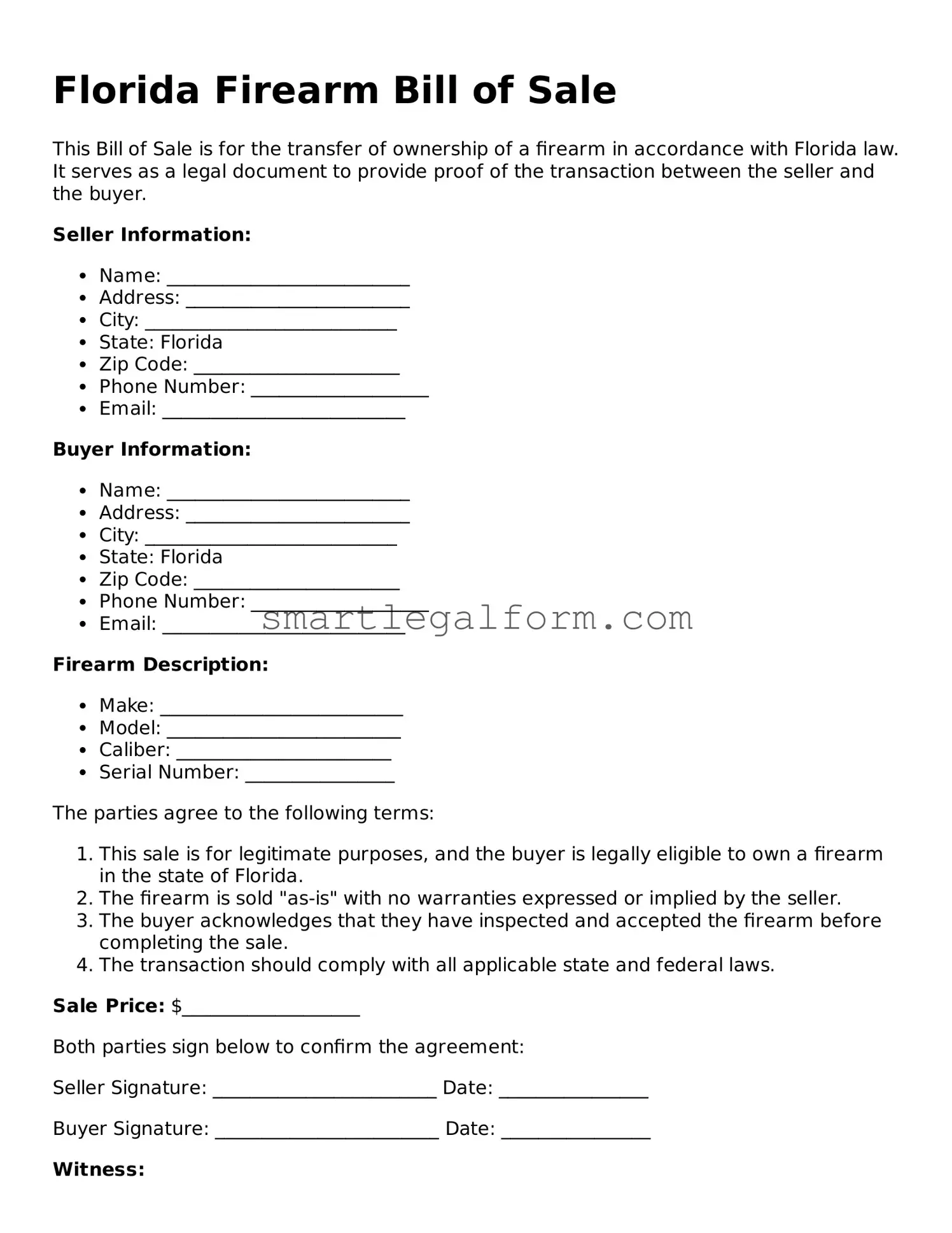 Printable Florida Firearm Bill of Sale Document