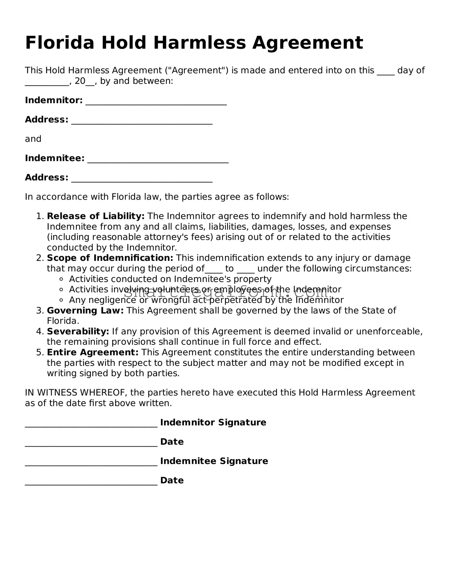 Printable Florida Hold Harmless Agreement Document