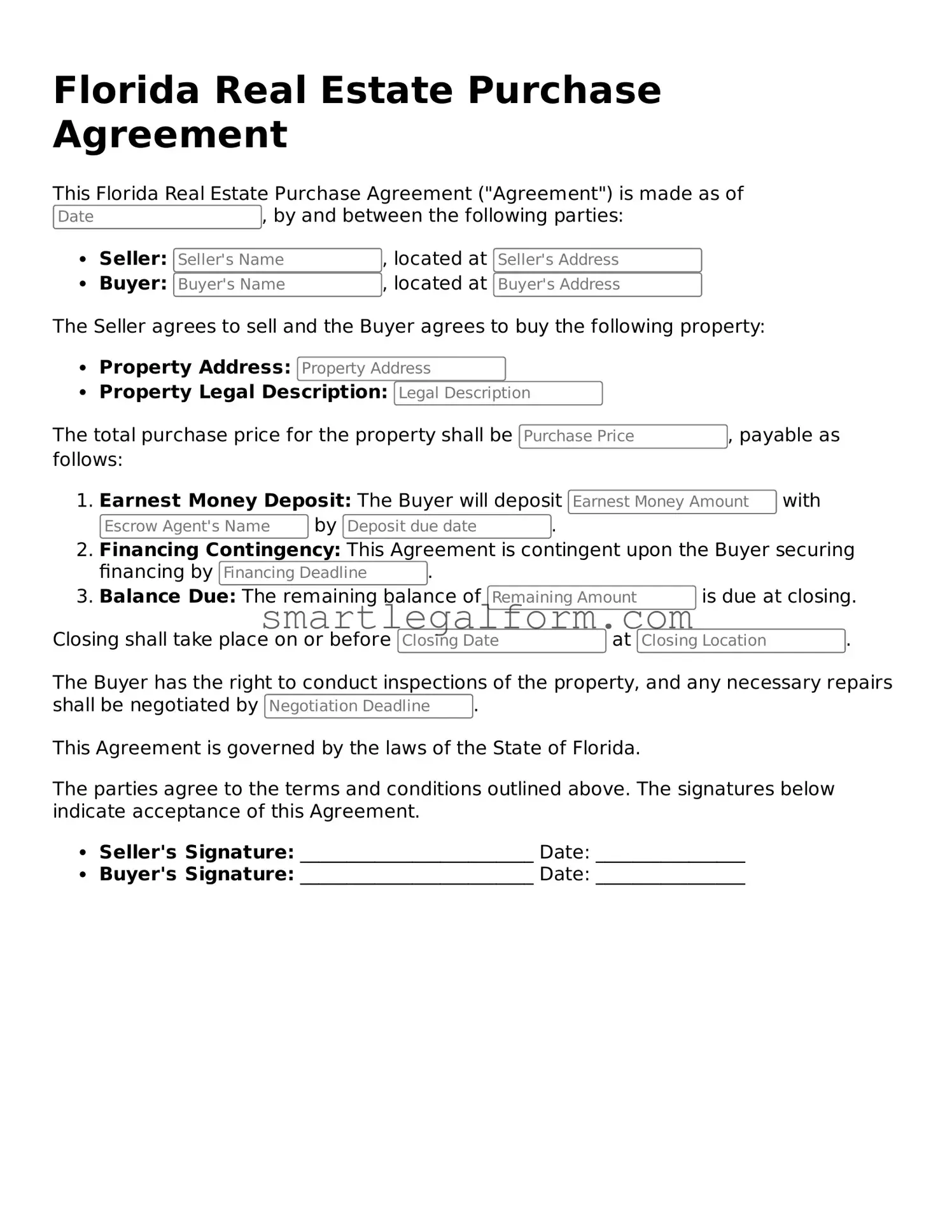 Printable Florida Real Estate Purchase Agreement Document