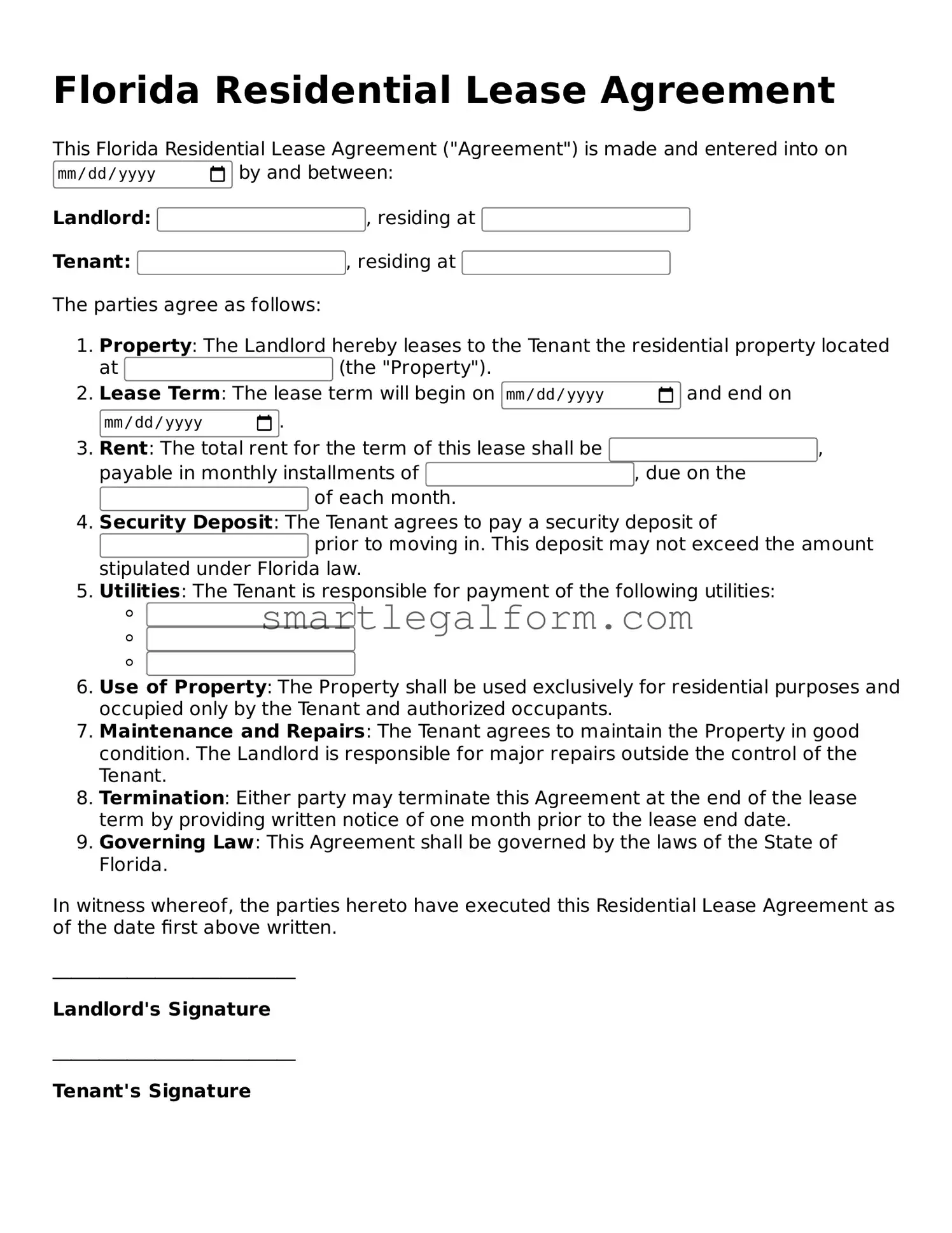 Printable Florida Residential Lease Agreement Document