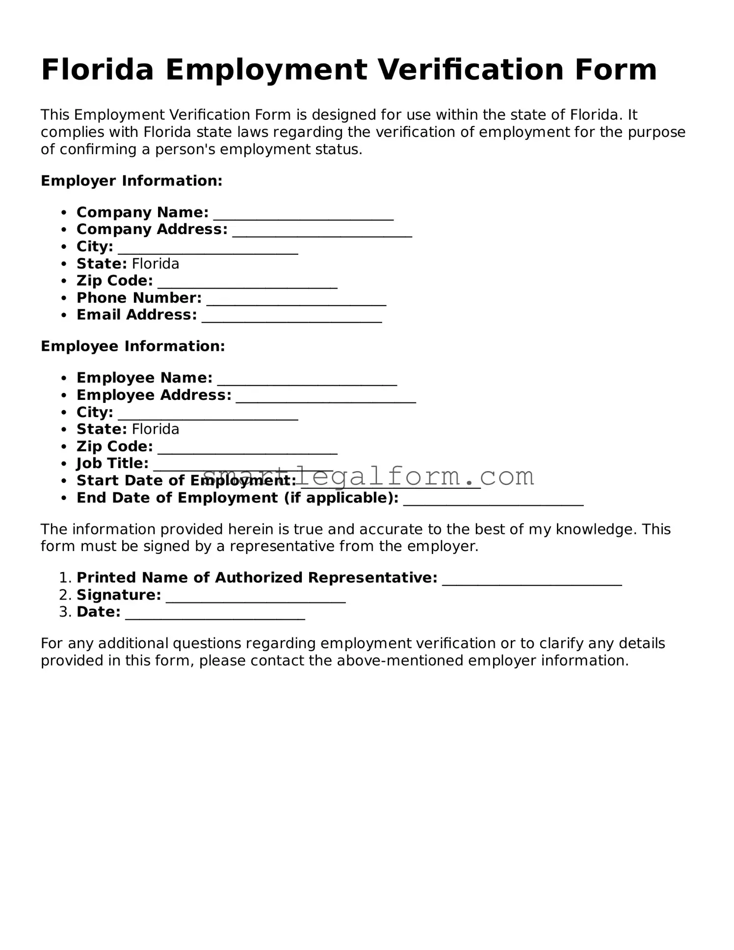 Printable Florida Employment Verification Document