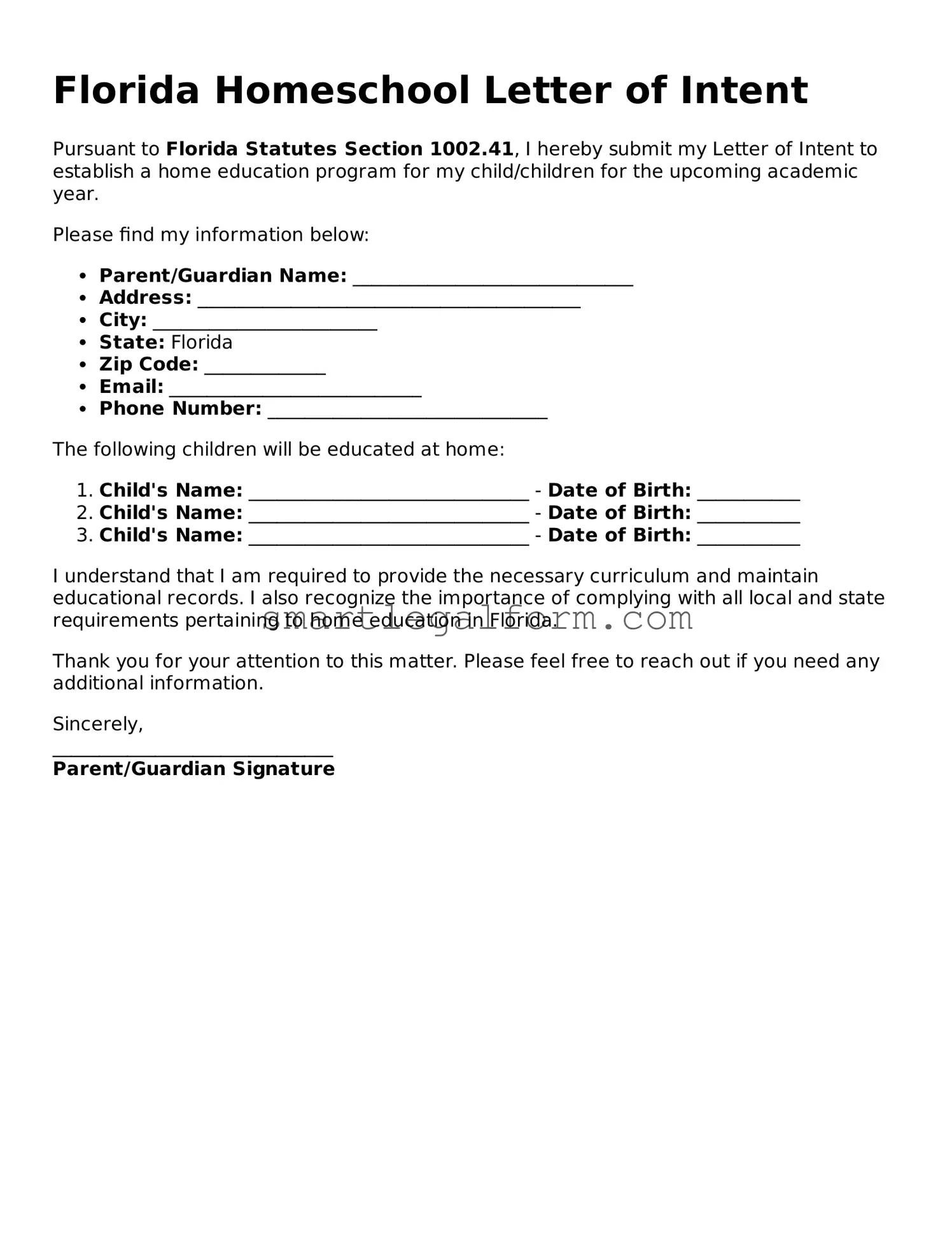 Printable Florida Homeschool Letter of Intent Document