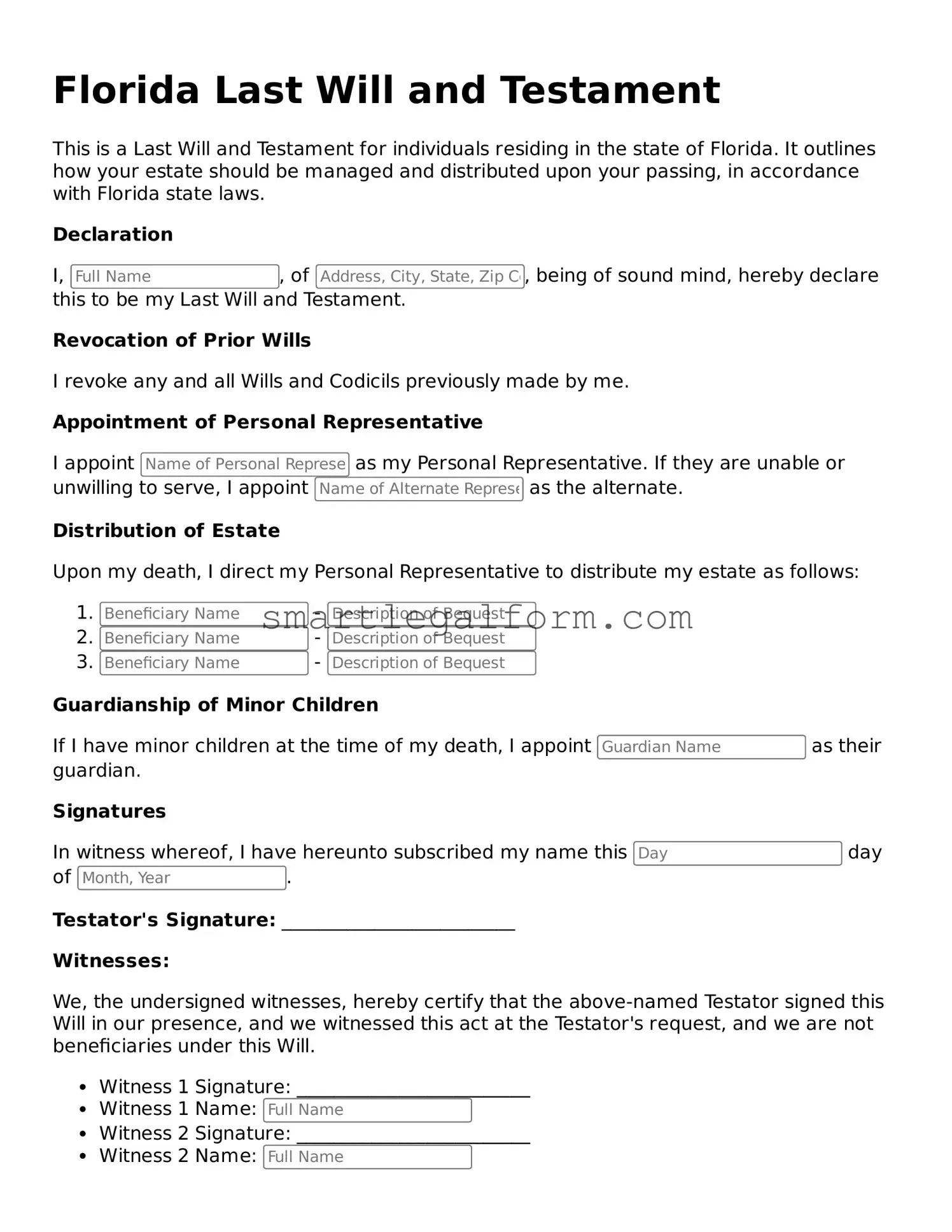Printable Florida Last Will and Testament Document