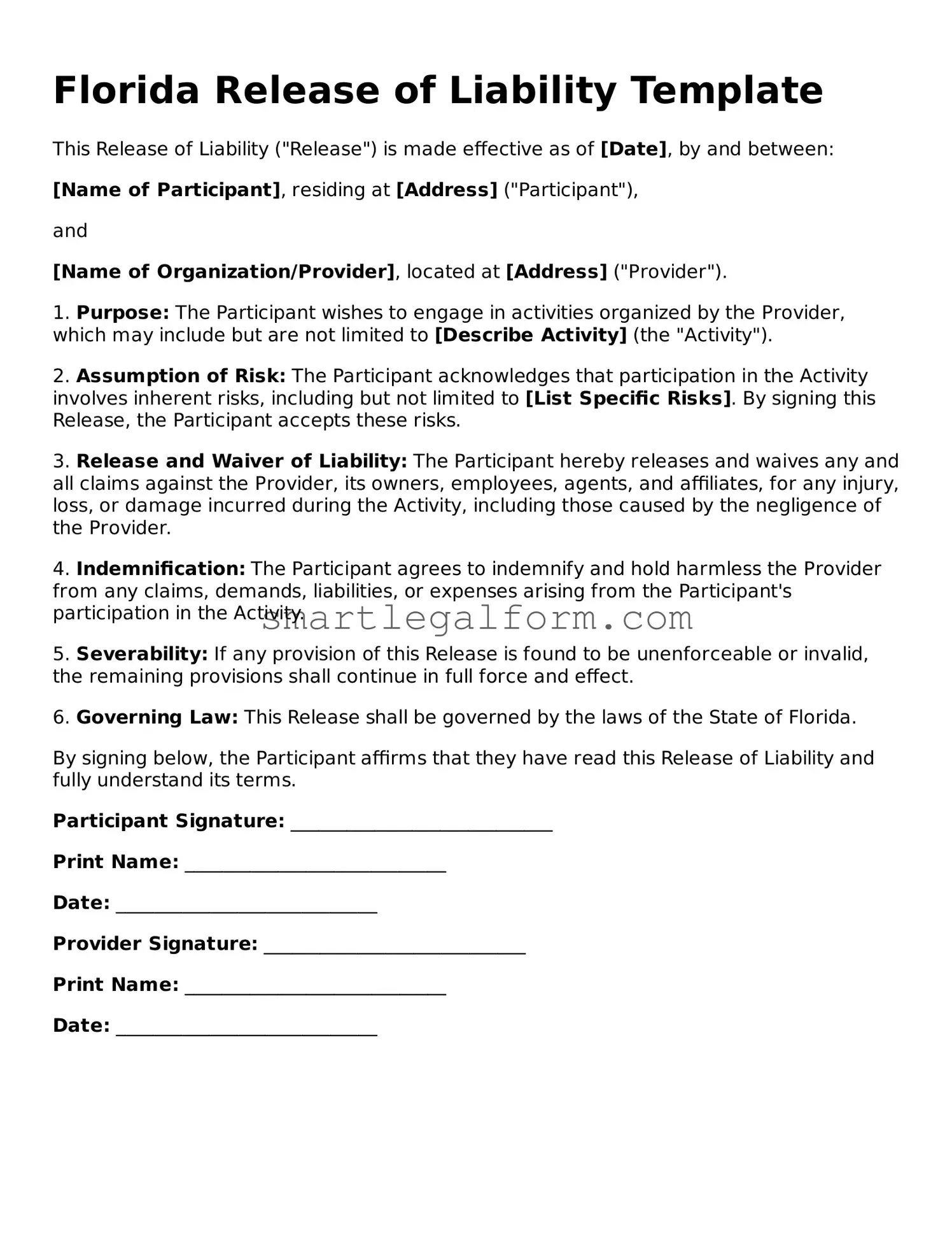Printable Florida Release of Liability Document