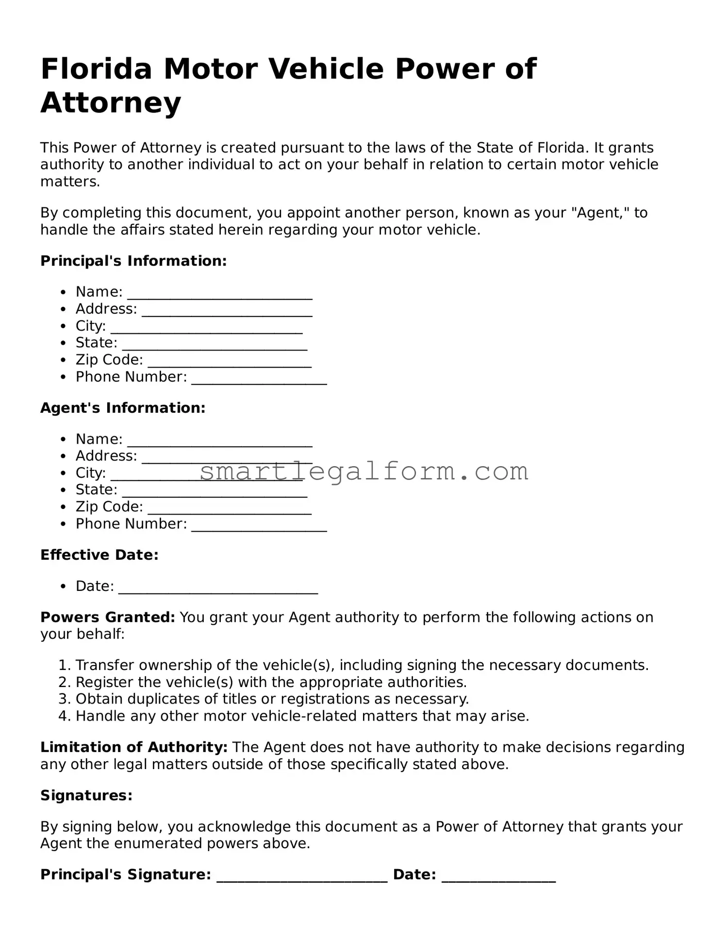 Printable Florida Motor Vehicle Power of Attorney Document