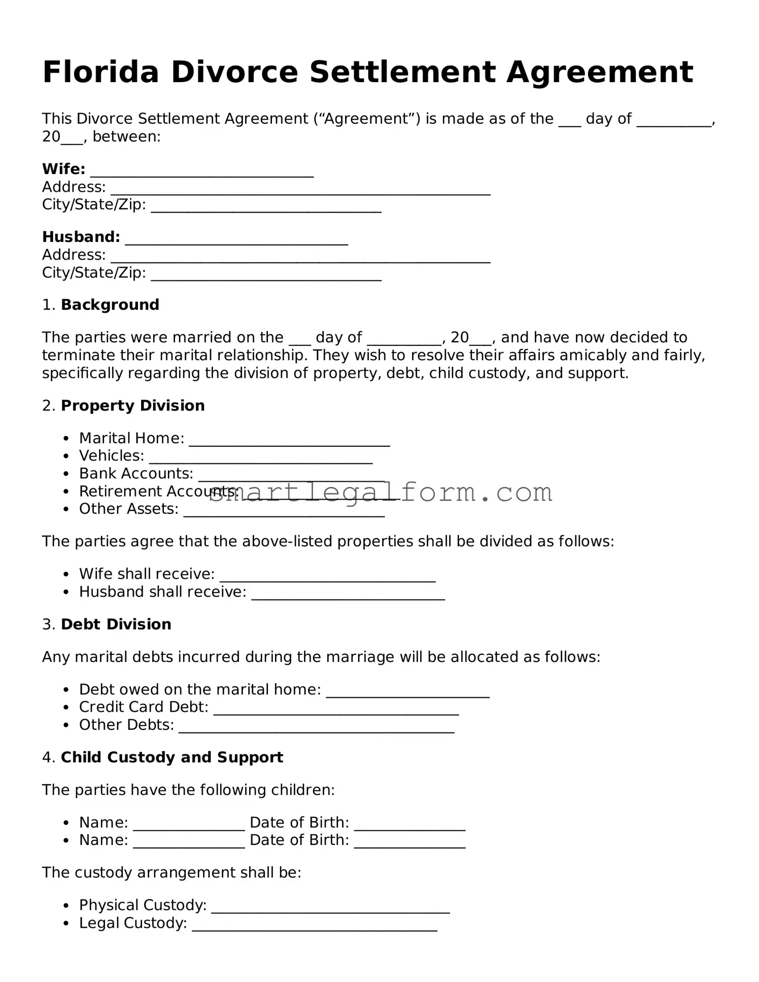 Printable Florida Divorce Settlement Agreement Document