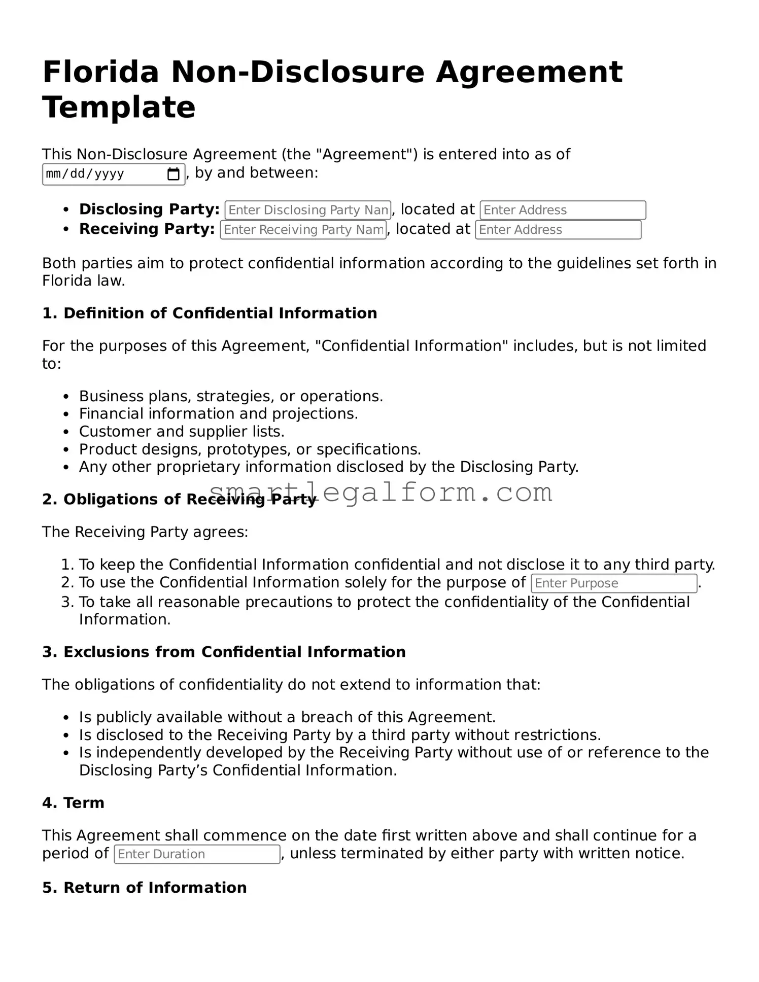 Printable Florida Non-disclosure Agreement Document