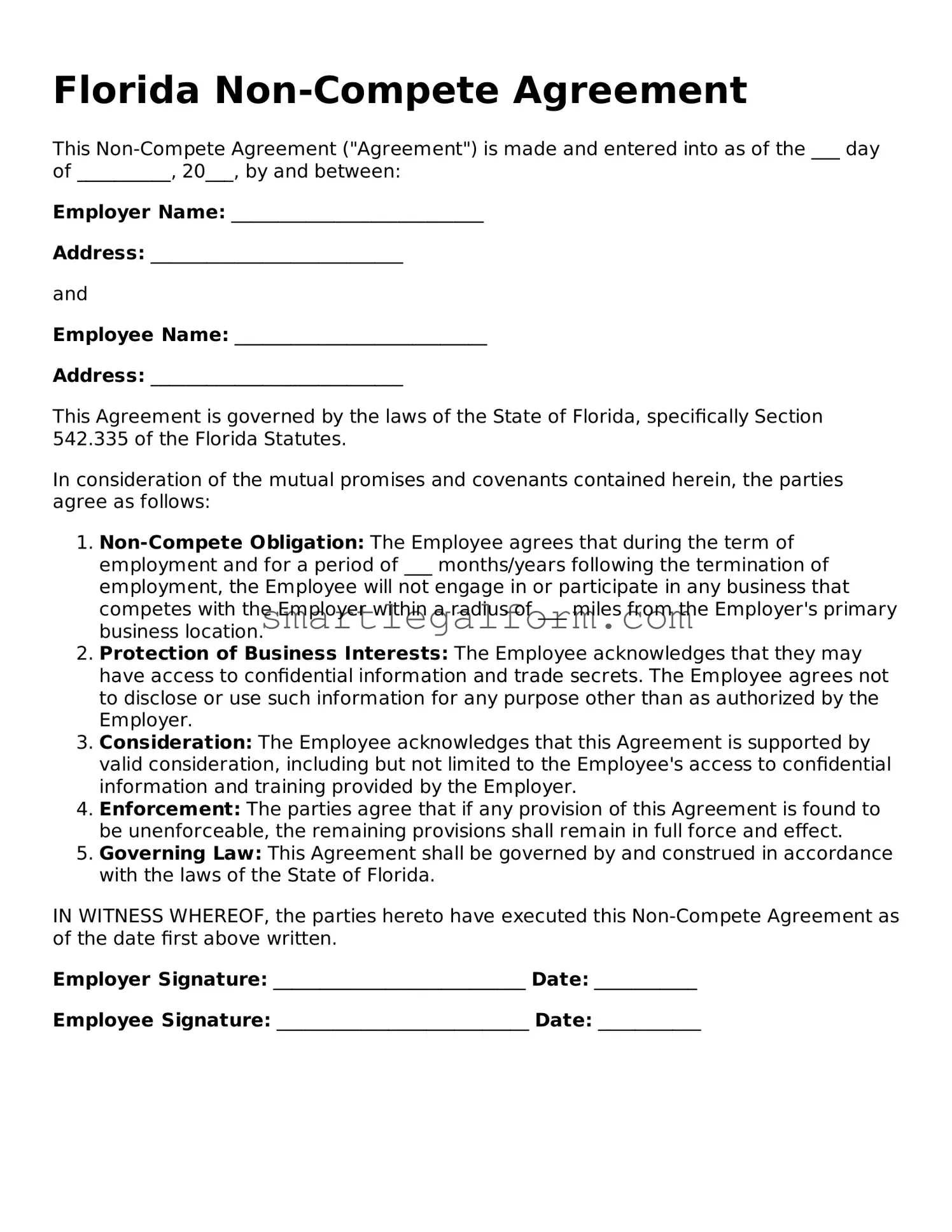 Printable Florida Non-compete Agreement Document