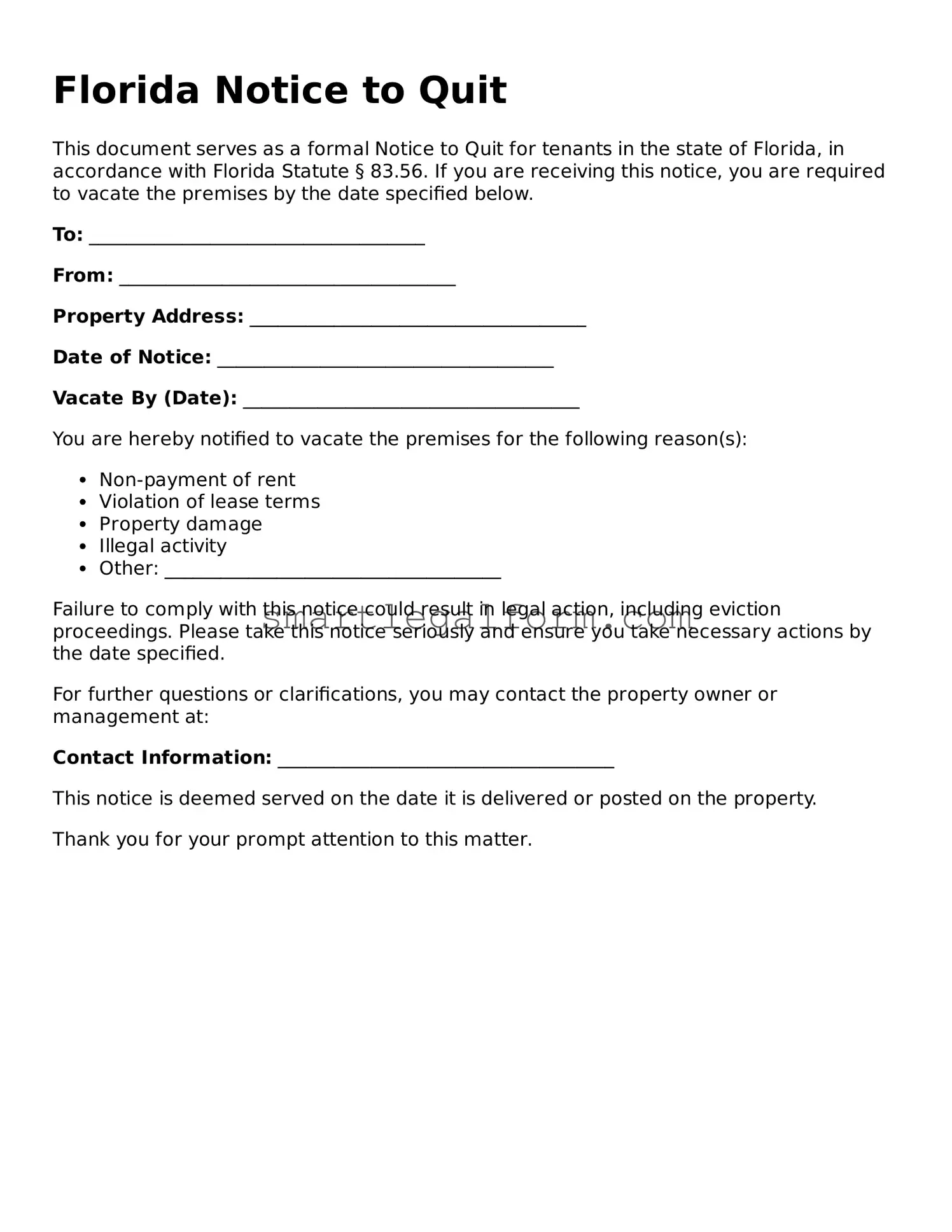 Printable Florida Notice to Quit Document