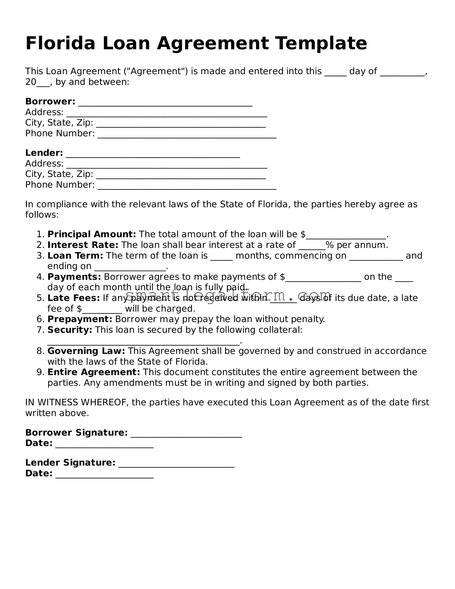 Printable Florida Loan Agreement Document