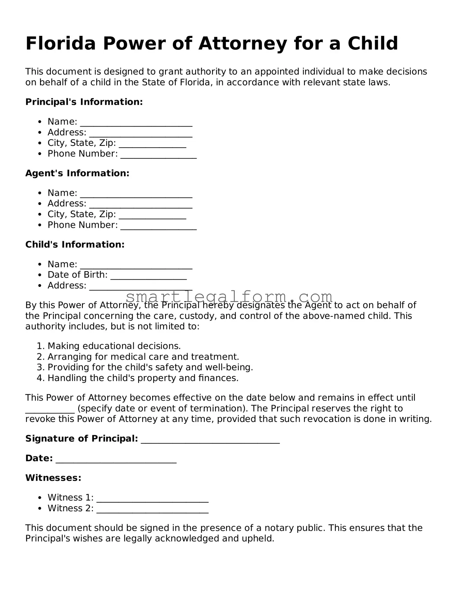 Printable Florida Power of Attorney for a Child Document