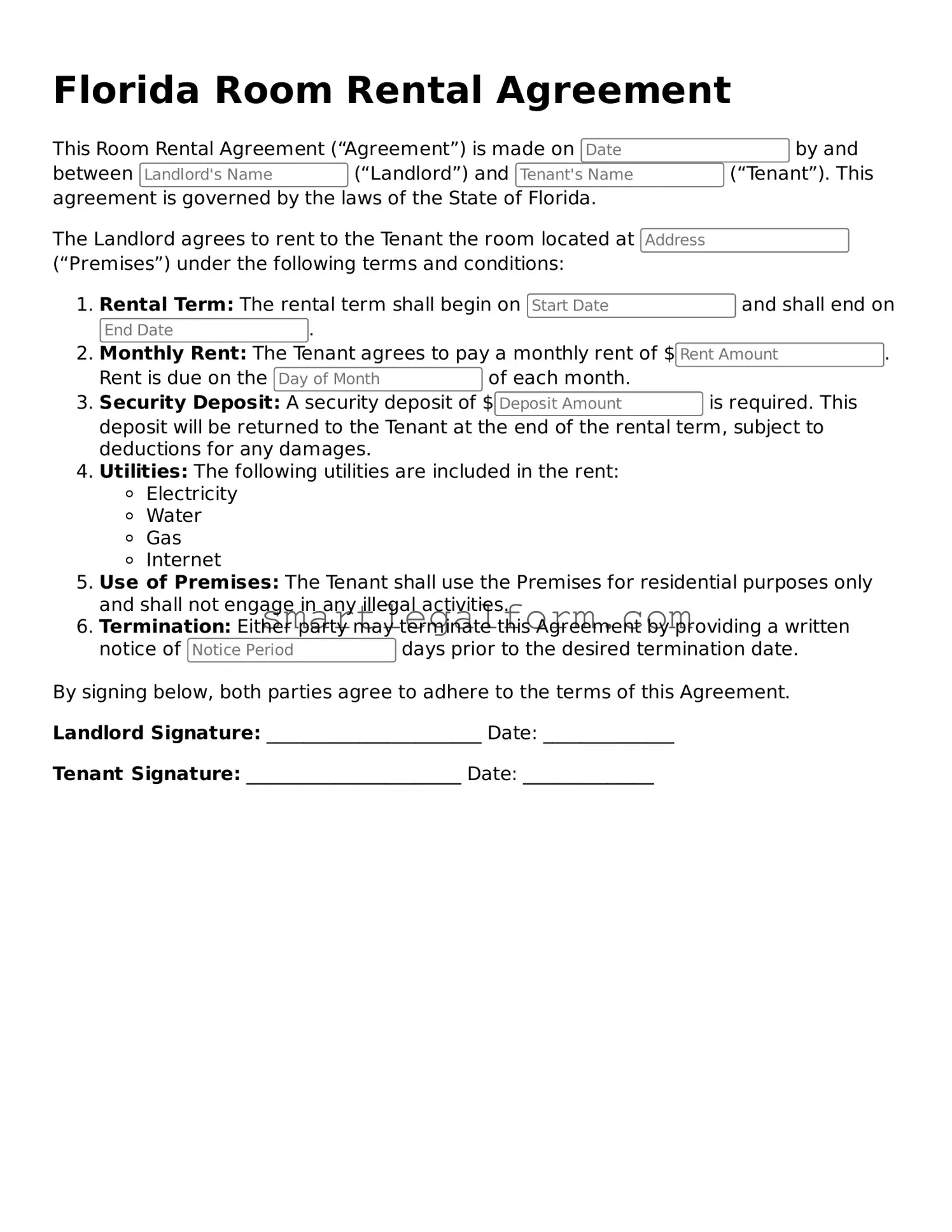 Printable Florida Room Rental Agreement Document