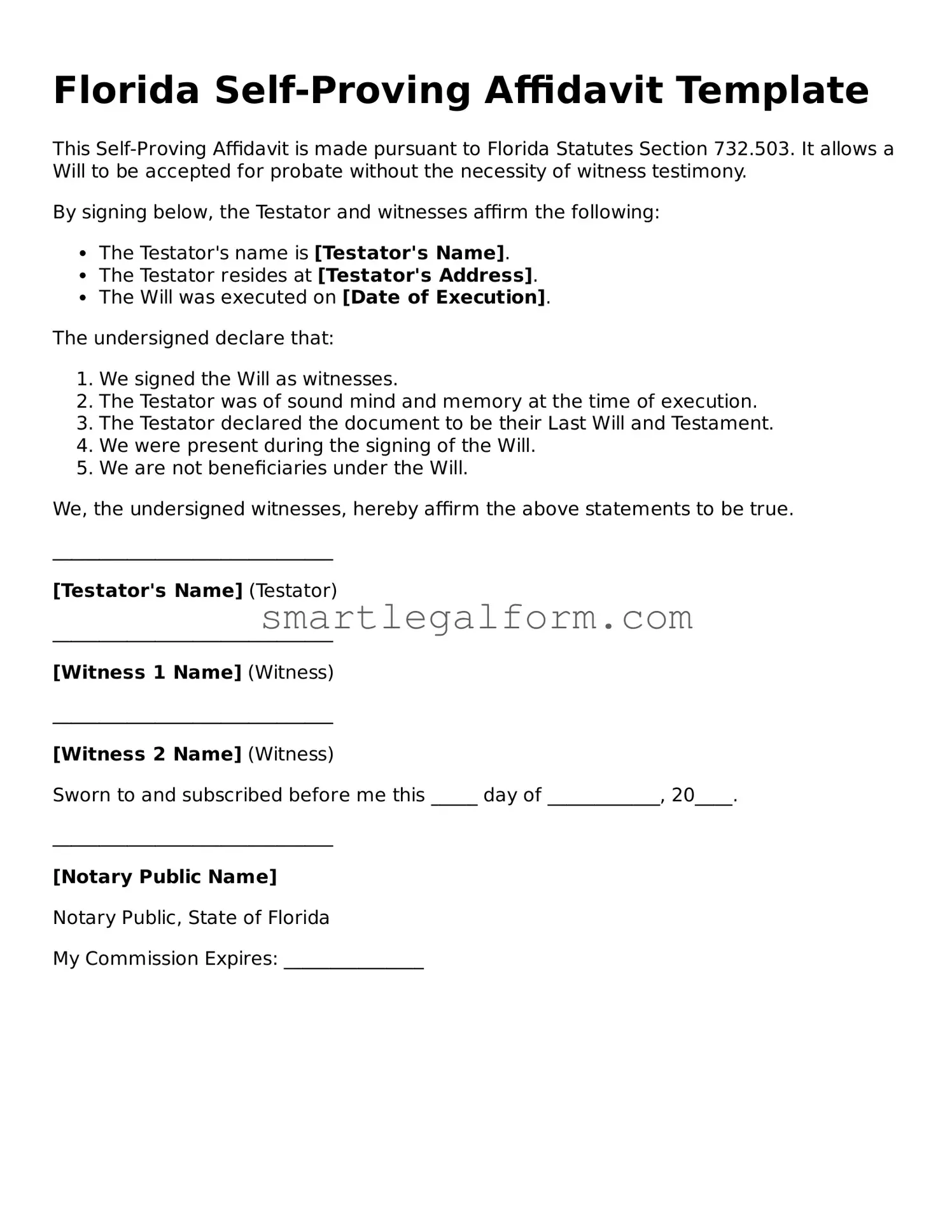 Printable Florida Self-Proving Affidavit Document
