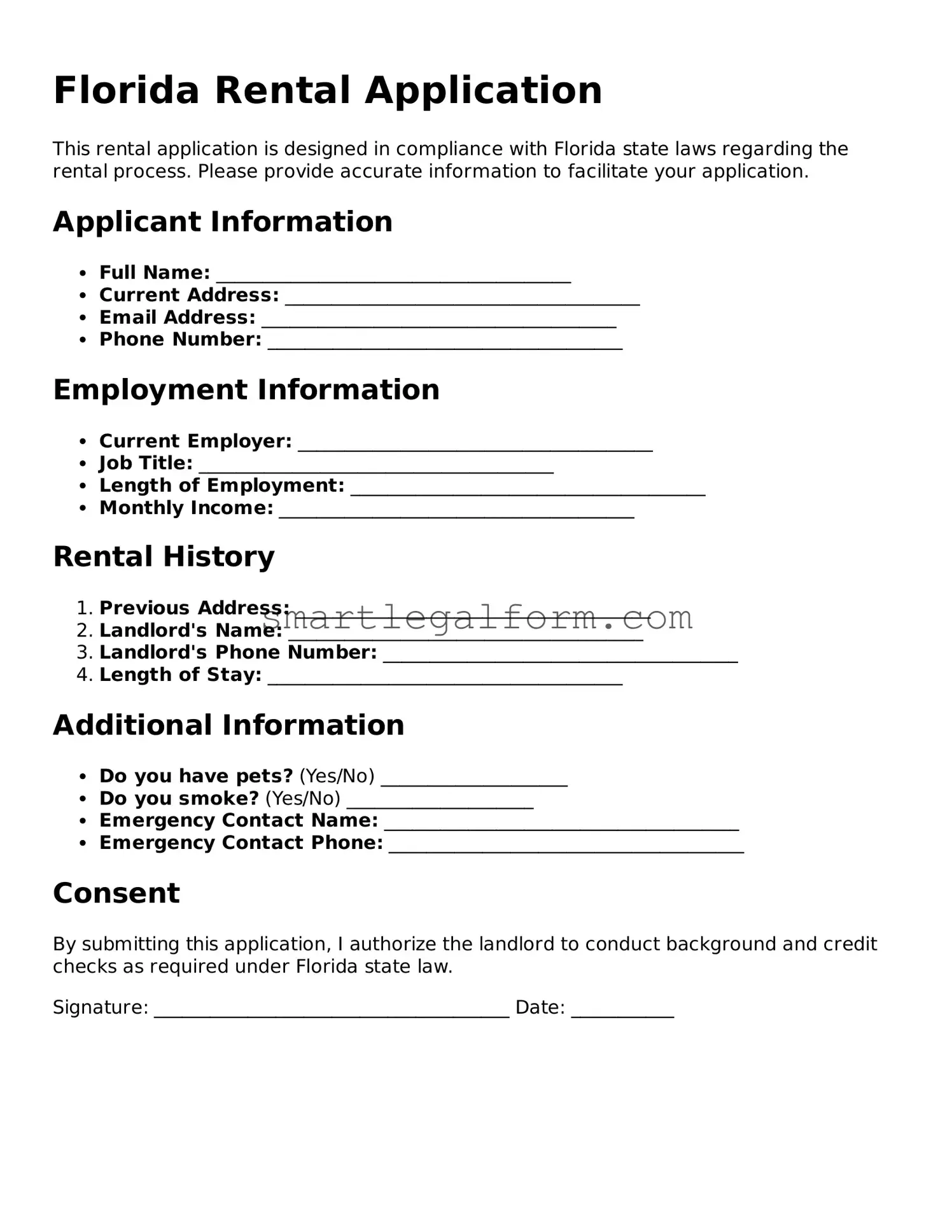 Printable Florida Rental Application Document