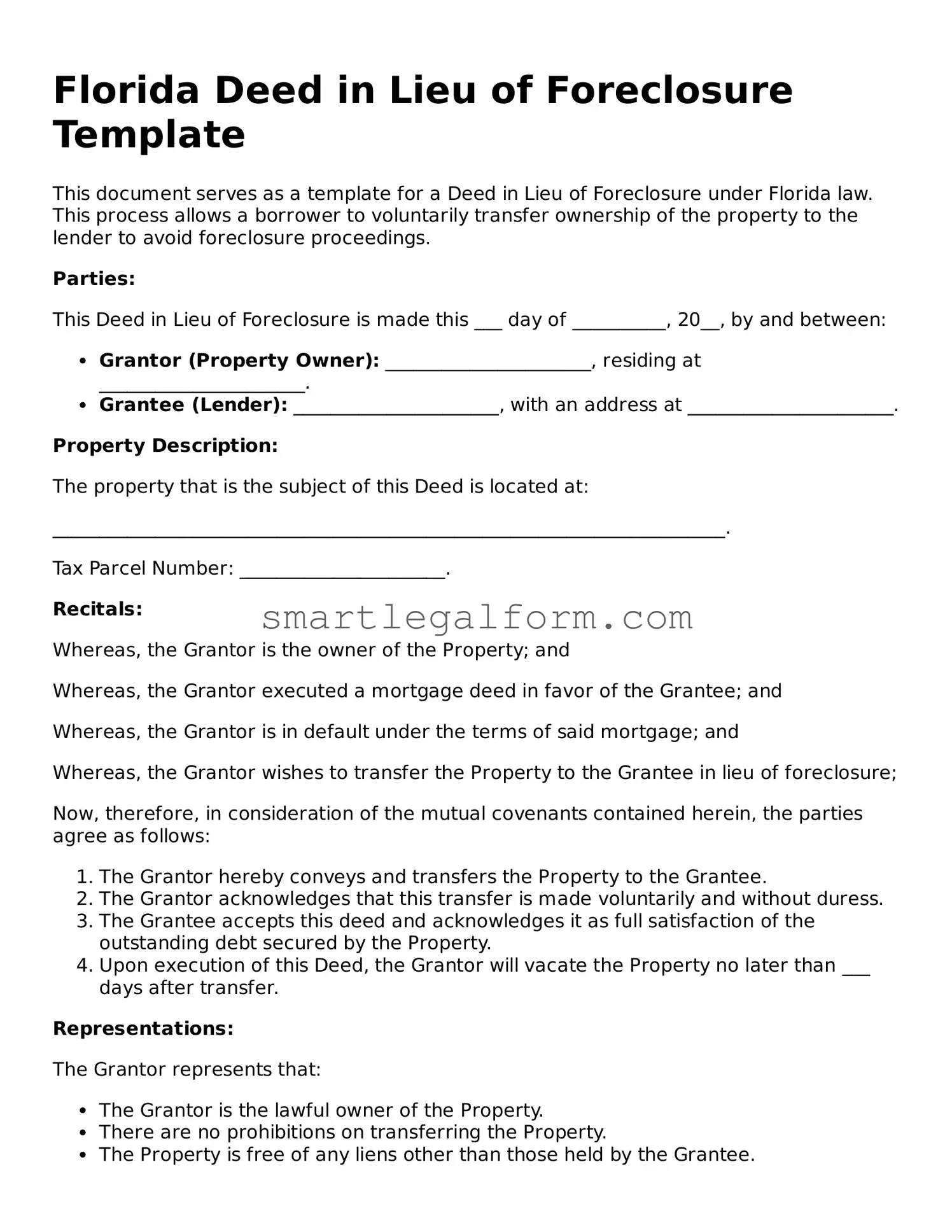 Printable Florida Deed in Lieu of Foreclosure Document