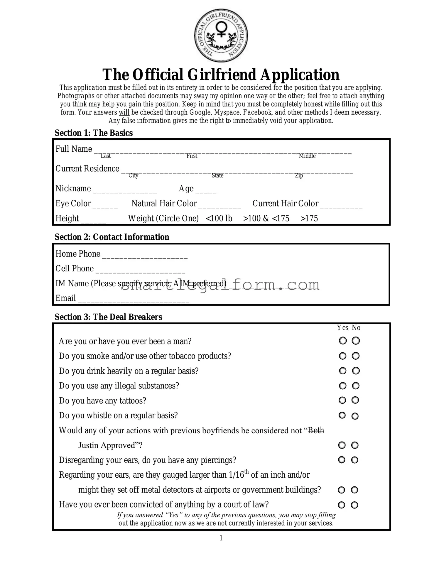 Free Girlfriend Application Form