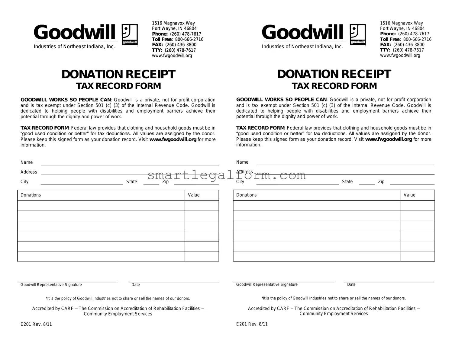 Free Goodwill donation receipt Form