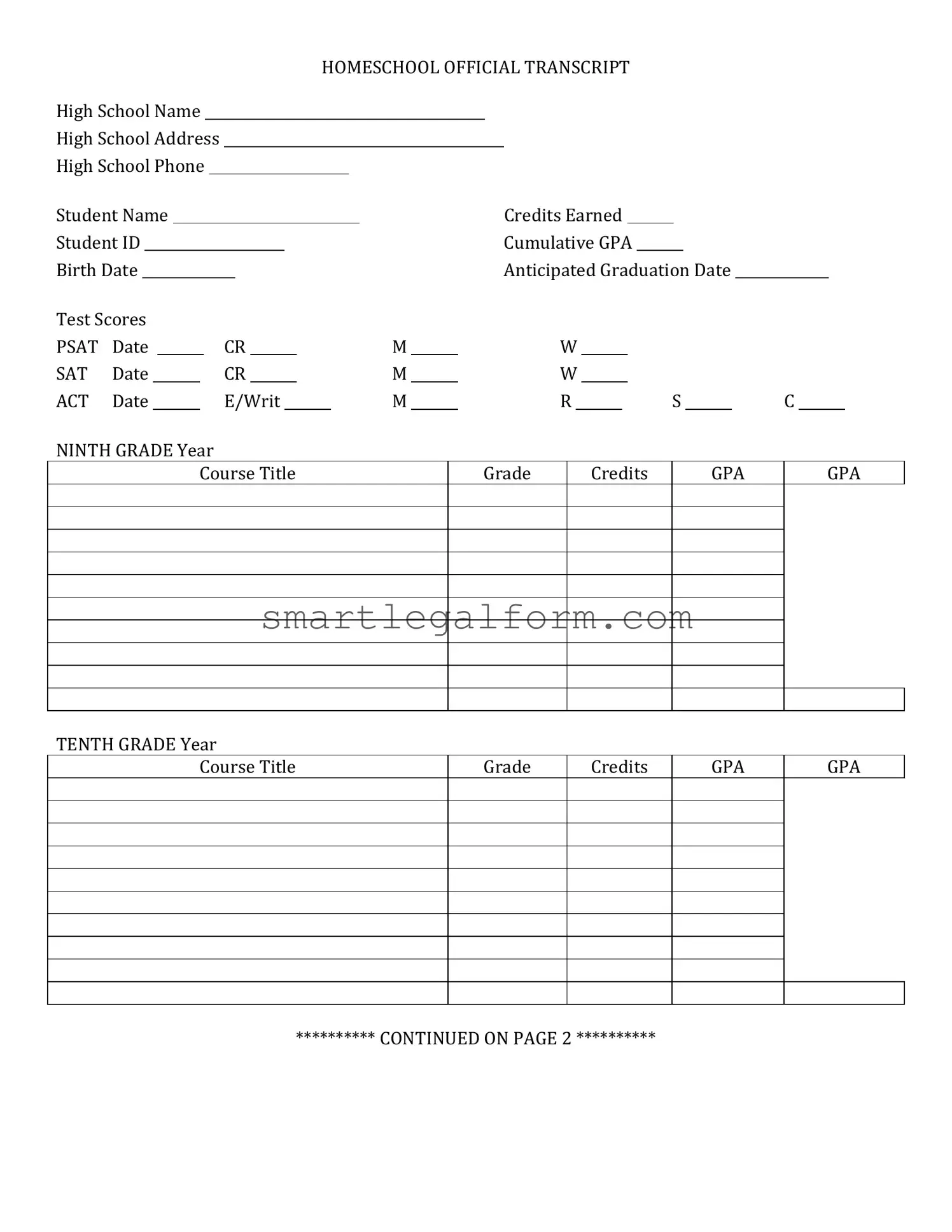 Free High School Transcript Form