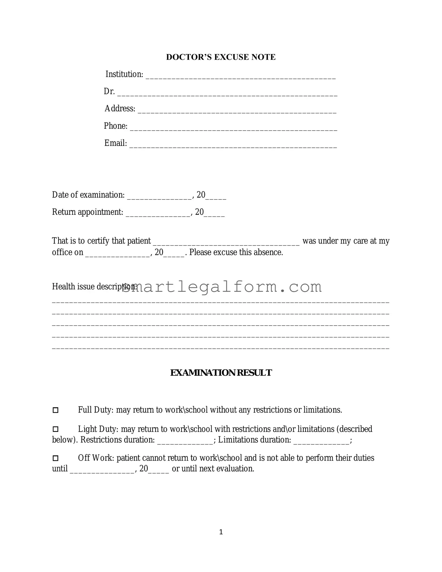 Free Doctors Excuse Note Form