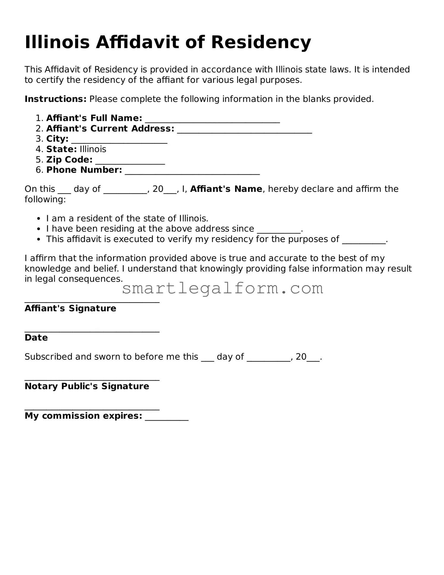 Printable Illinois Affidavit of Residency Document