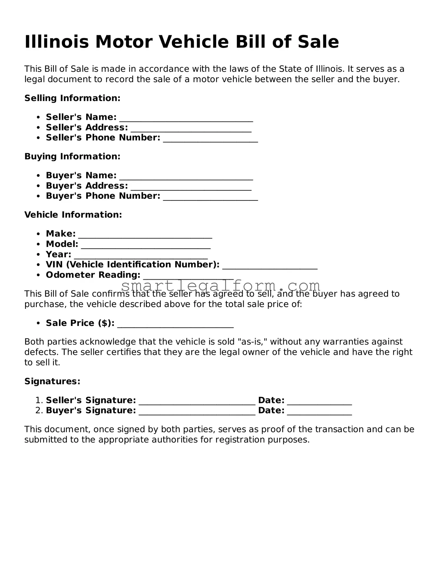 Printable Illinois Motor Vehicle Bill of Sale Document