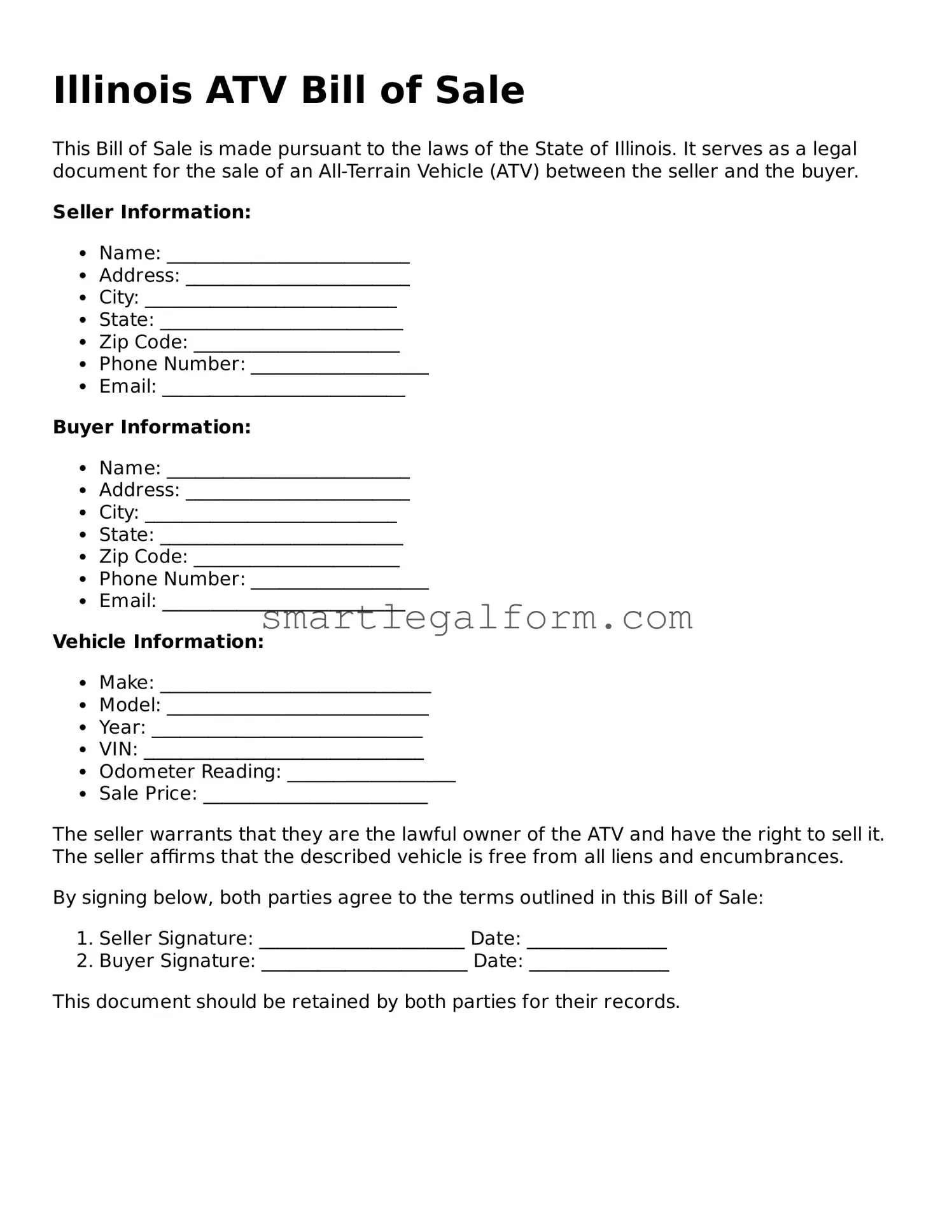 Printable Illinois ATV Bill of Sale Document
