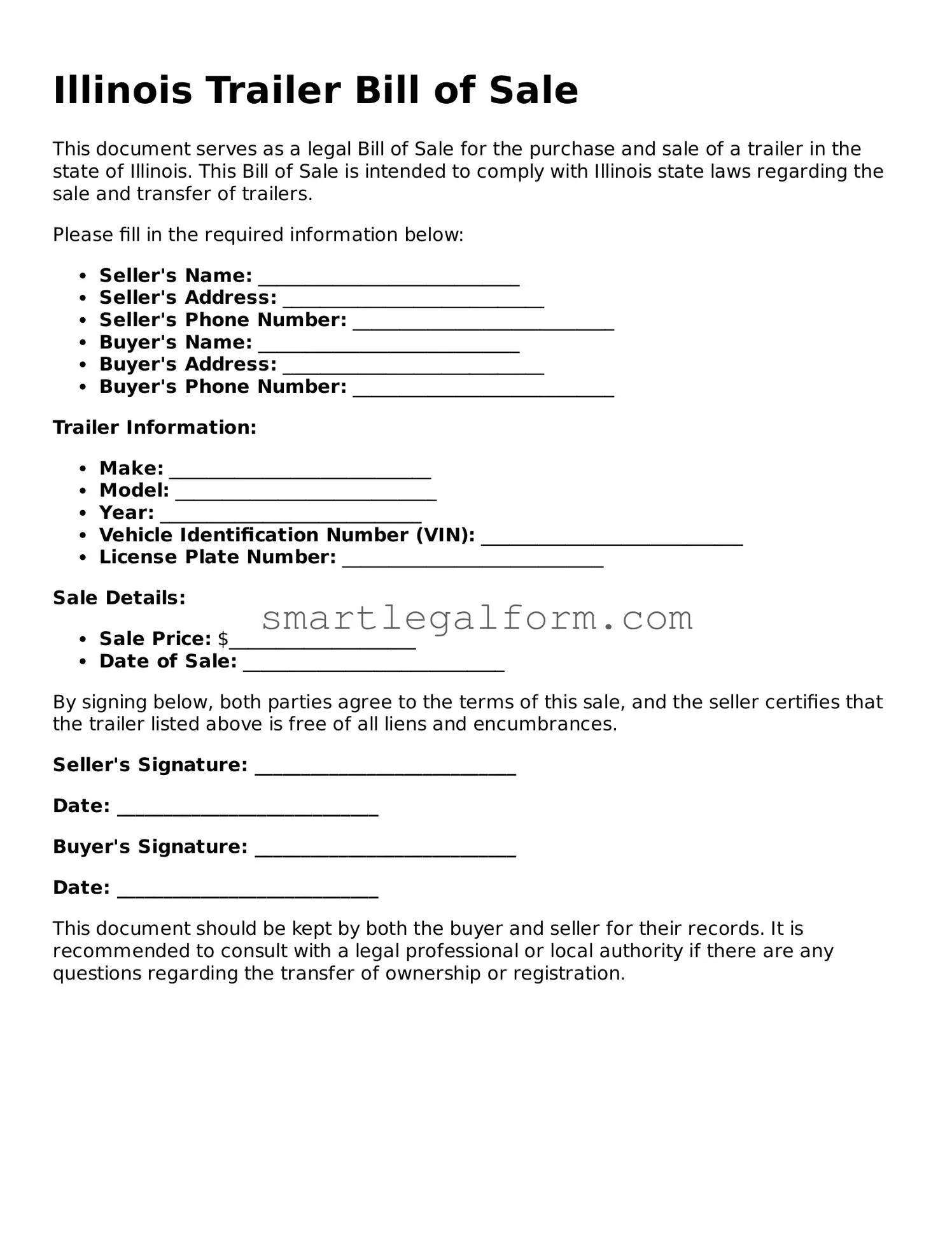 Printable Illinois Trailer Bill of Sale Document