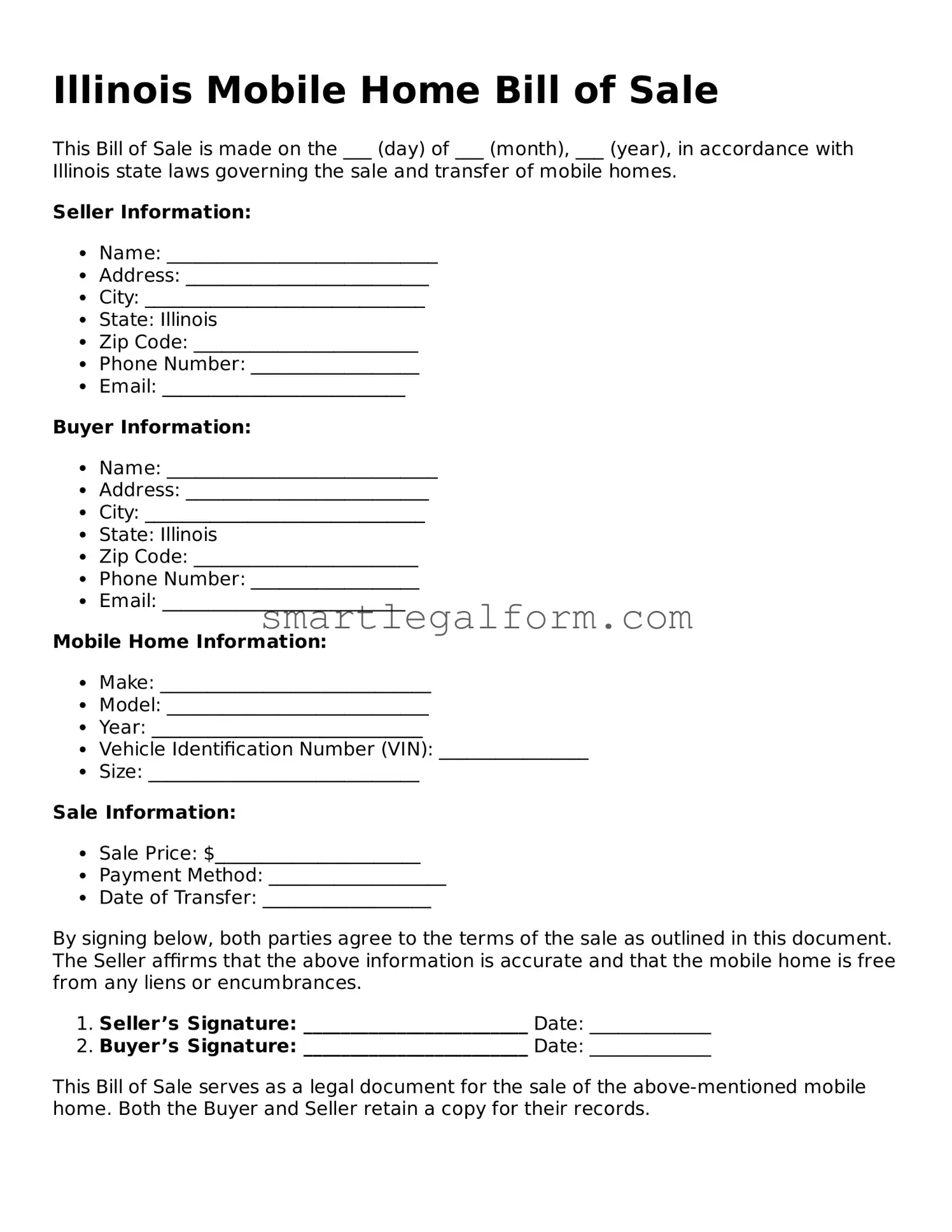 Printable Illinois Mobile Home Bill of Sale Document