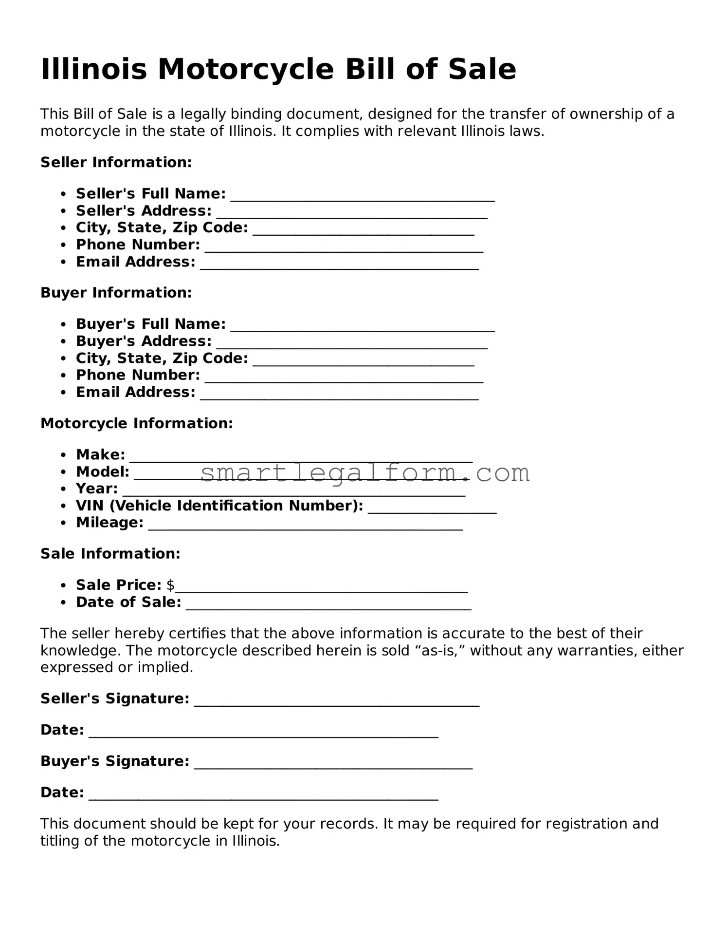 Printable Illinois Motorcycle Bill of Sale Document