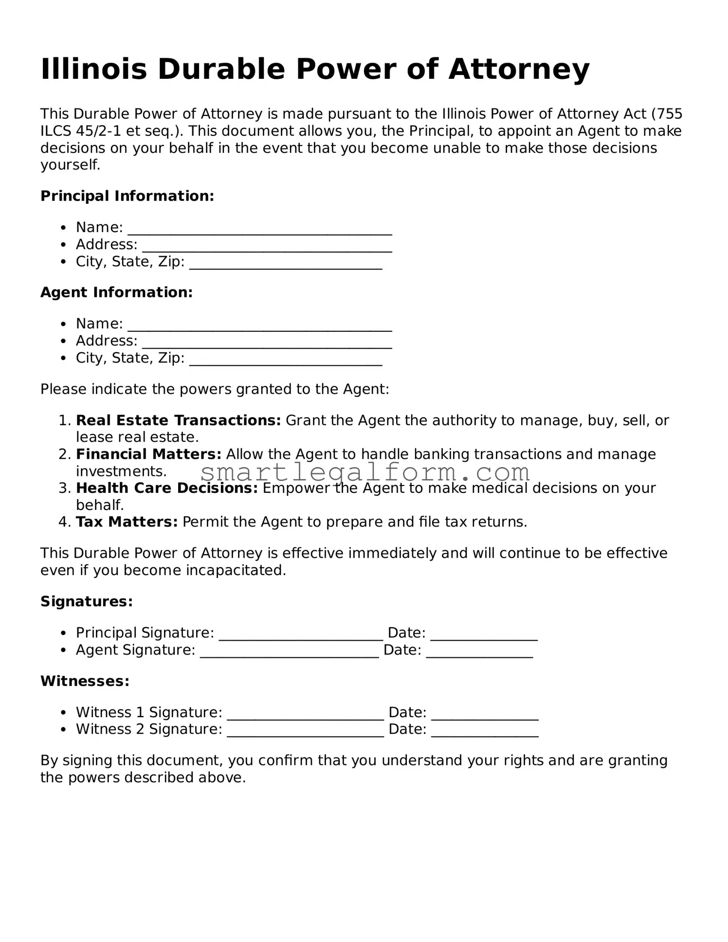 Printable Illinois Durable Power of Attorney Document
