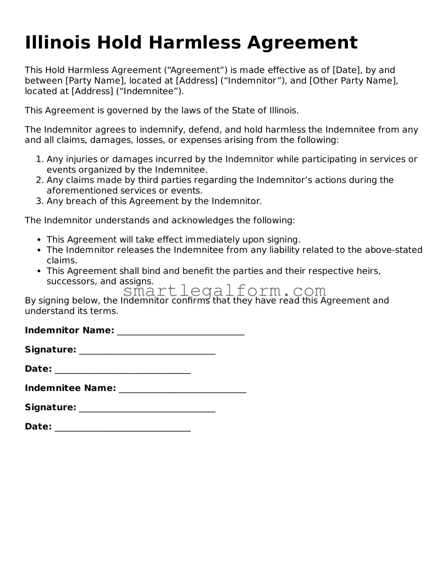 Printable Illinois Hold Harmless Agreement Document